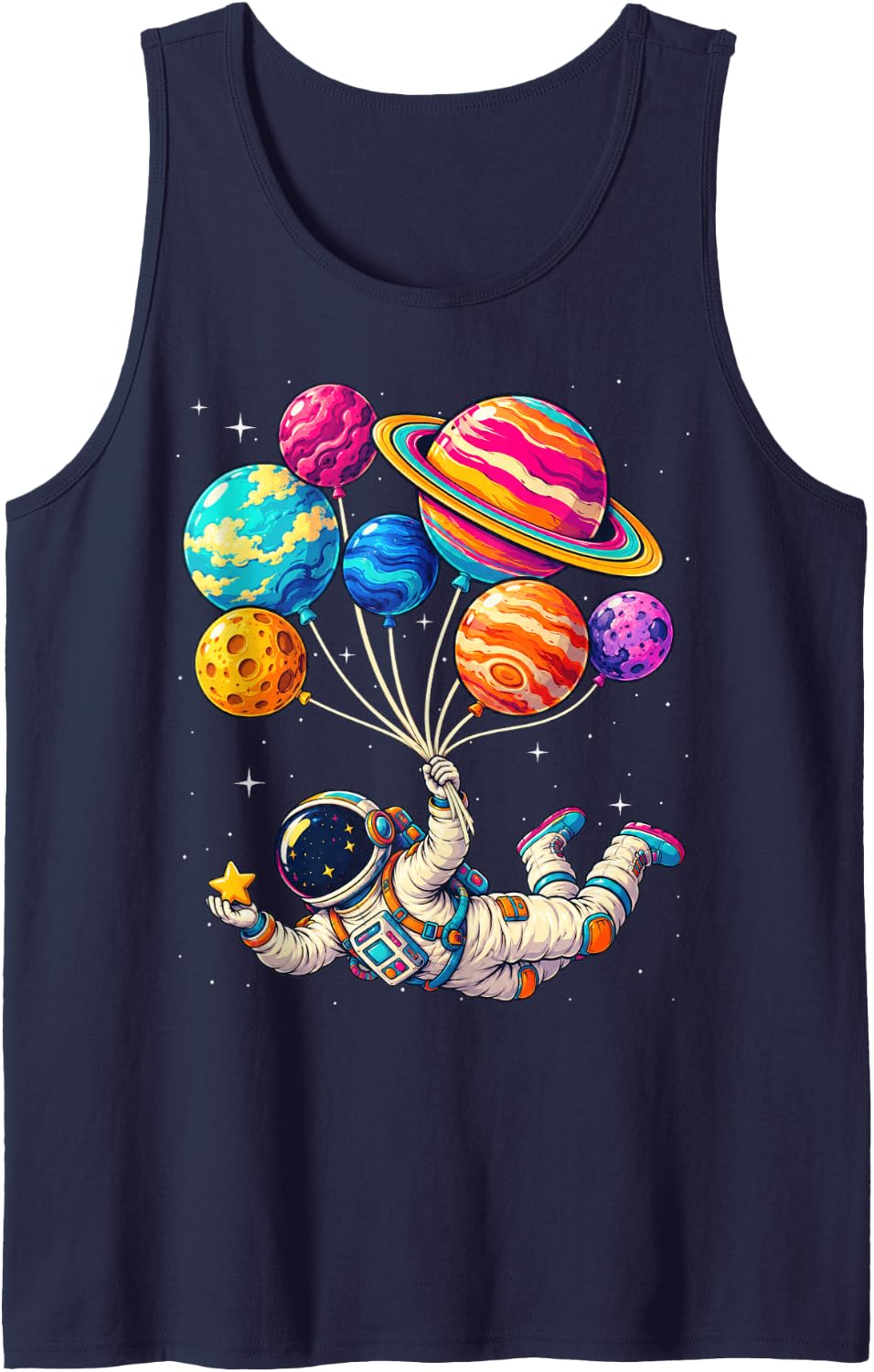 Astronaut Holding Star and Solar System Planet Balloons Sleeveless Tank Top - Navy Blue