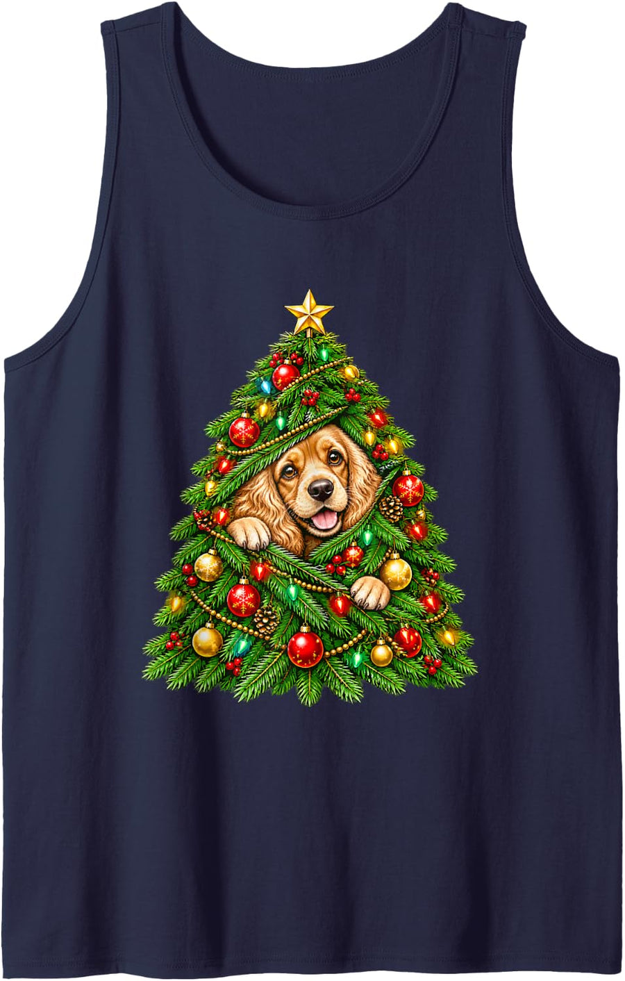 Cocker Spaniel Peeking with Christmas Tree Festive Lights Sleeveless Tank Top - Navy Blue