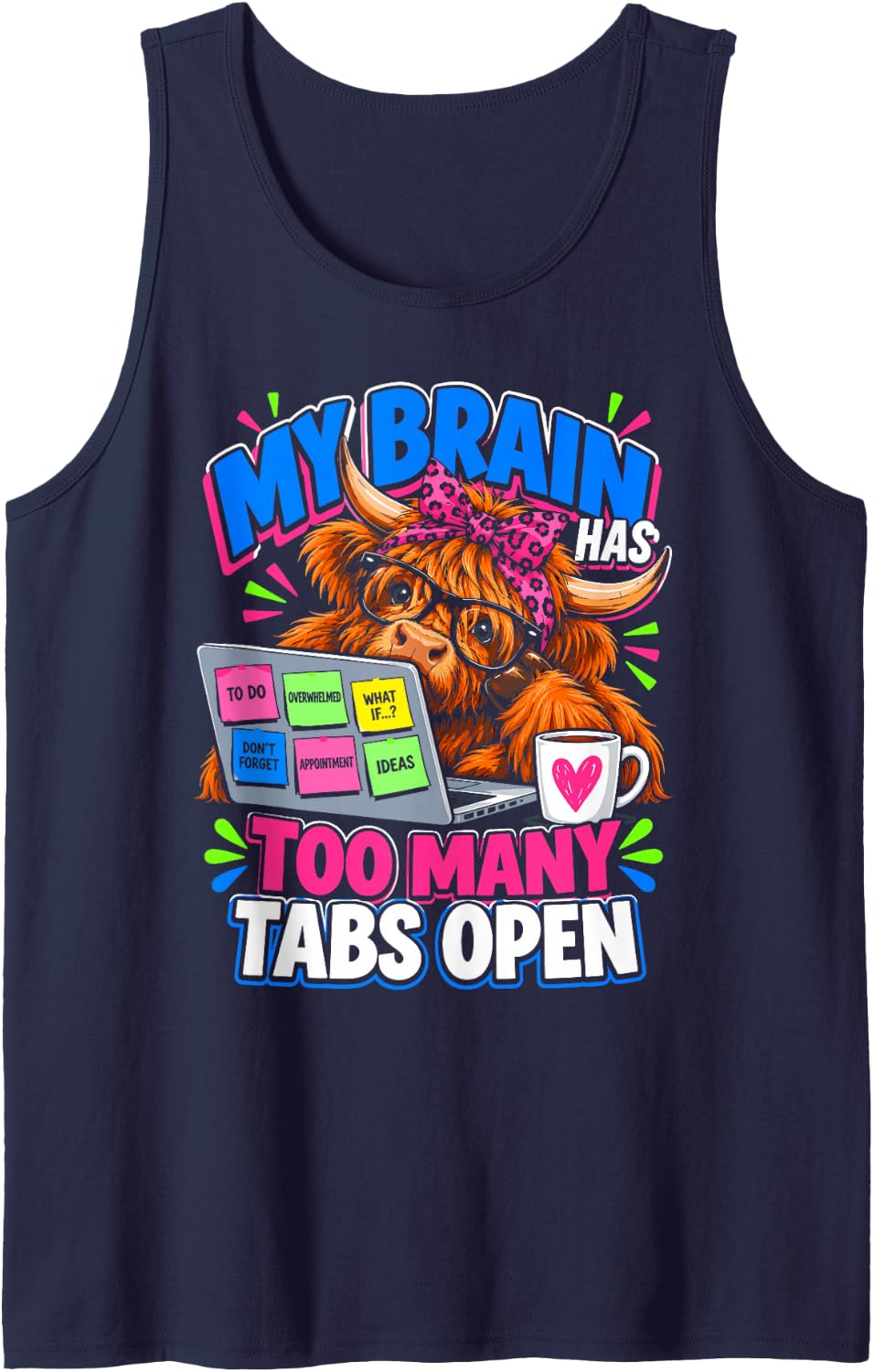 My Brain Has Too Many Tabs Open Funny Highland Cow Sleeveless Tank Top - Navy Blue