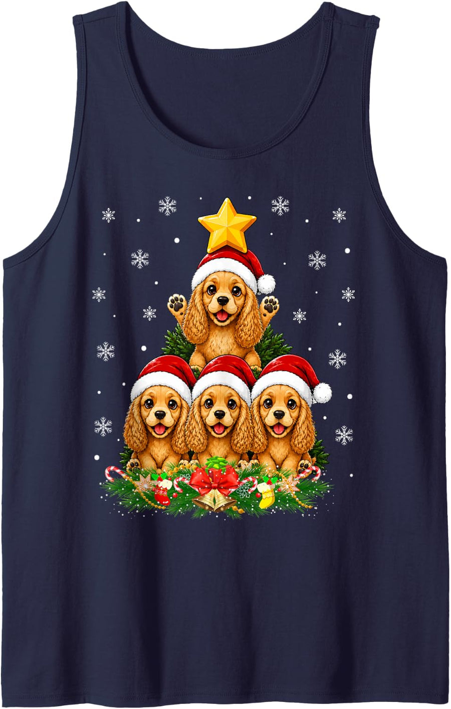 Cute Cocker Spaniel Dog Christmas Tree Festive Puppies Xmas Sleeveless Tank Top - Navy Blue