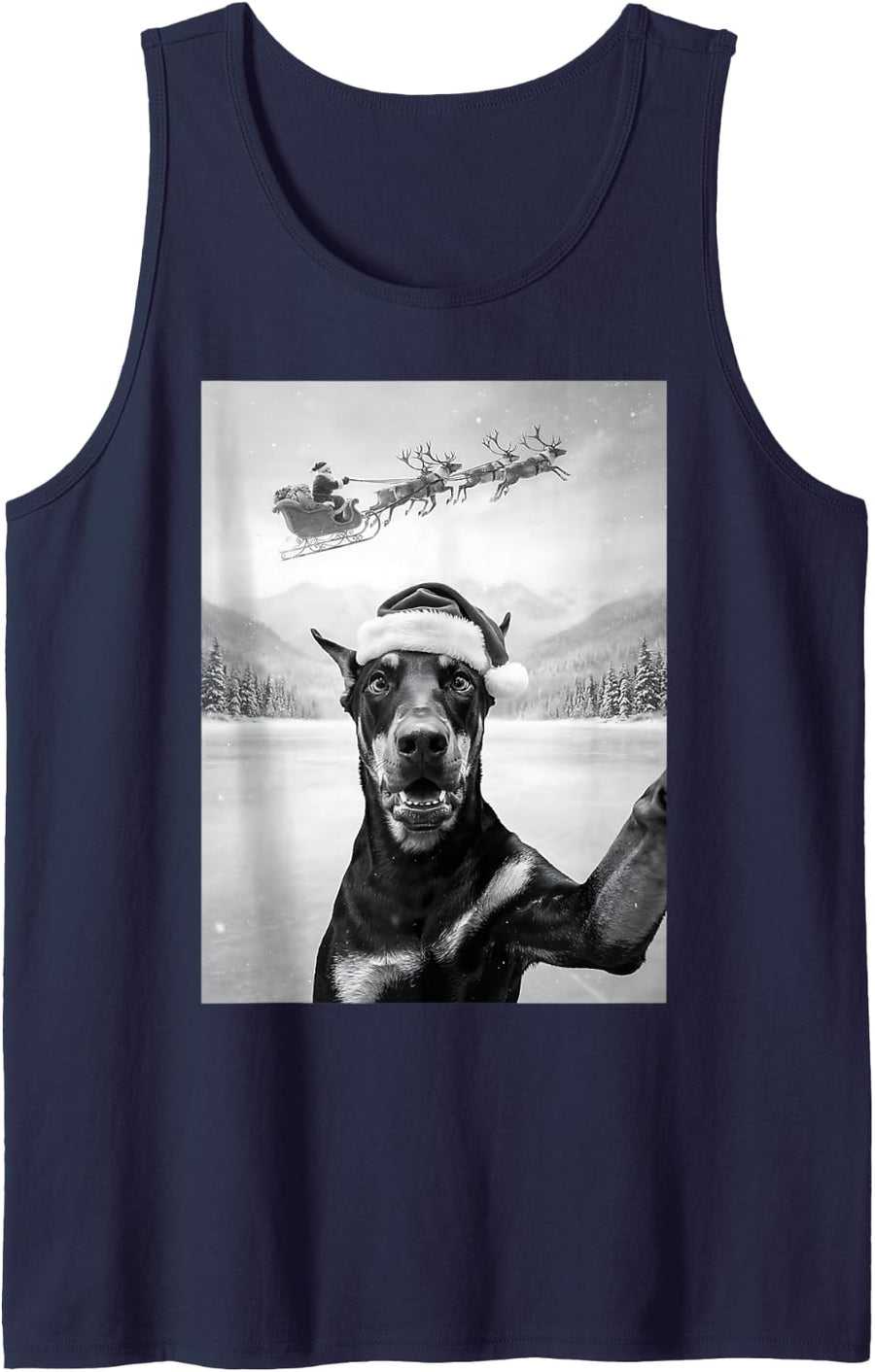 Funny Doberman Pinscher Christmas Selfie with Santa Dog Mom Sleeveless Tank Top - Navy Blue