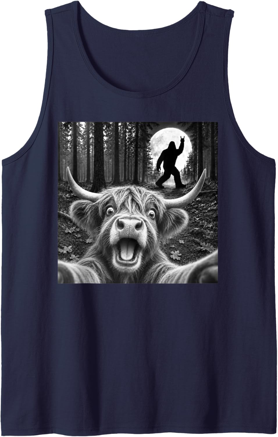 Highland Cow Selfie with Bigfoot Rock and Roll Sasquatch Sleeveless Tank Top - Navy Blue