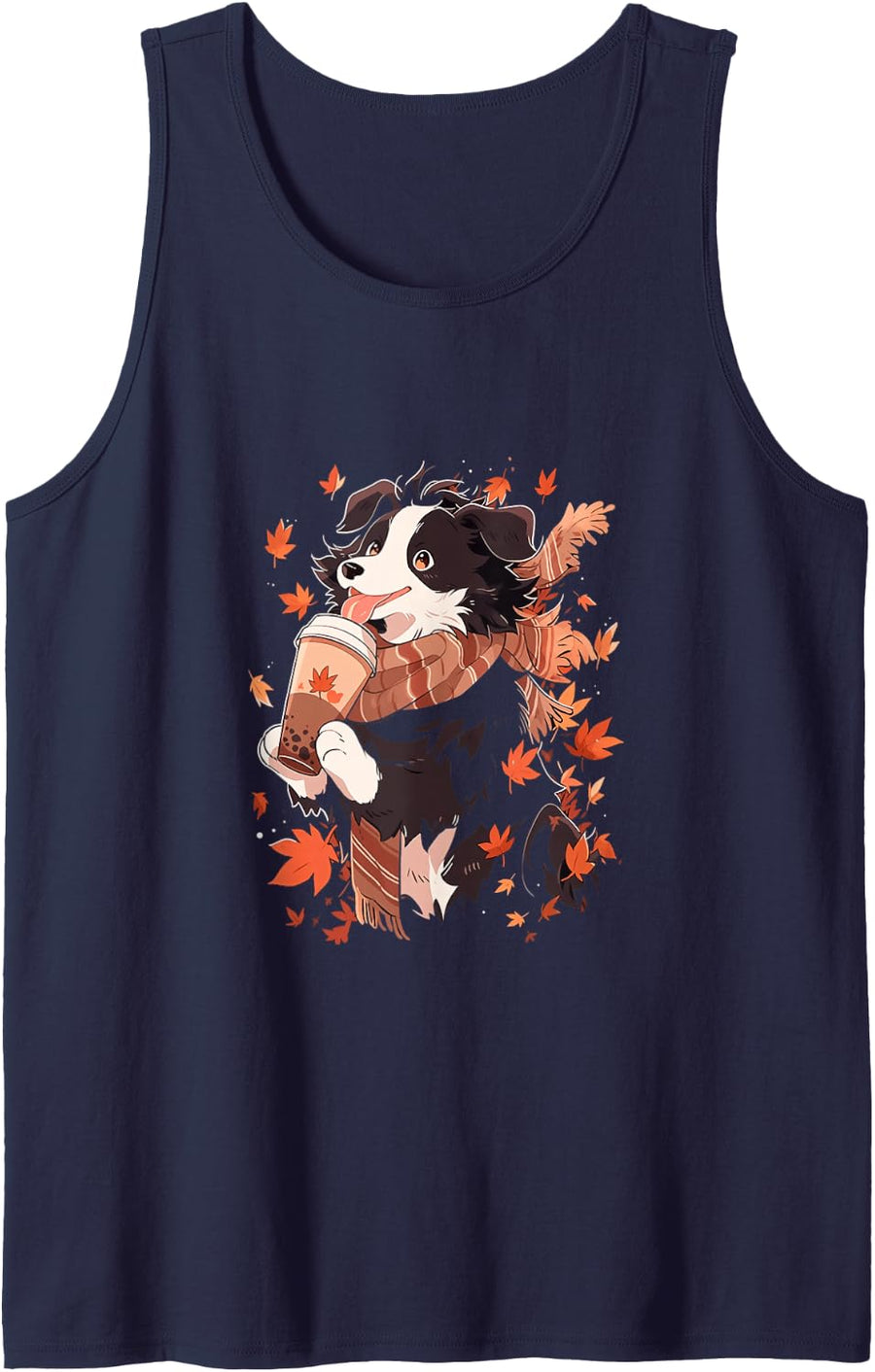 Border Collie Autumn Leaves Pumpkin Spice Latte Kawaii Sleeveless Tank Top - Navy Blue