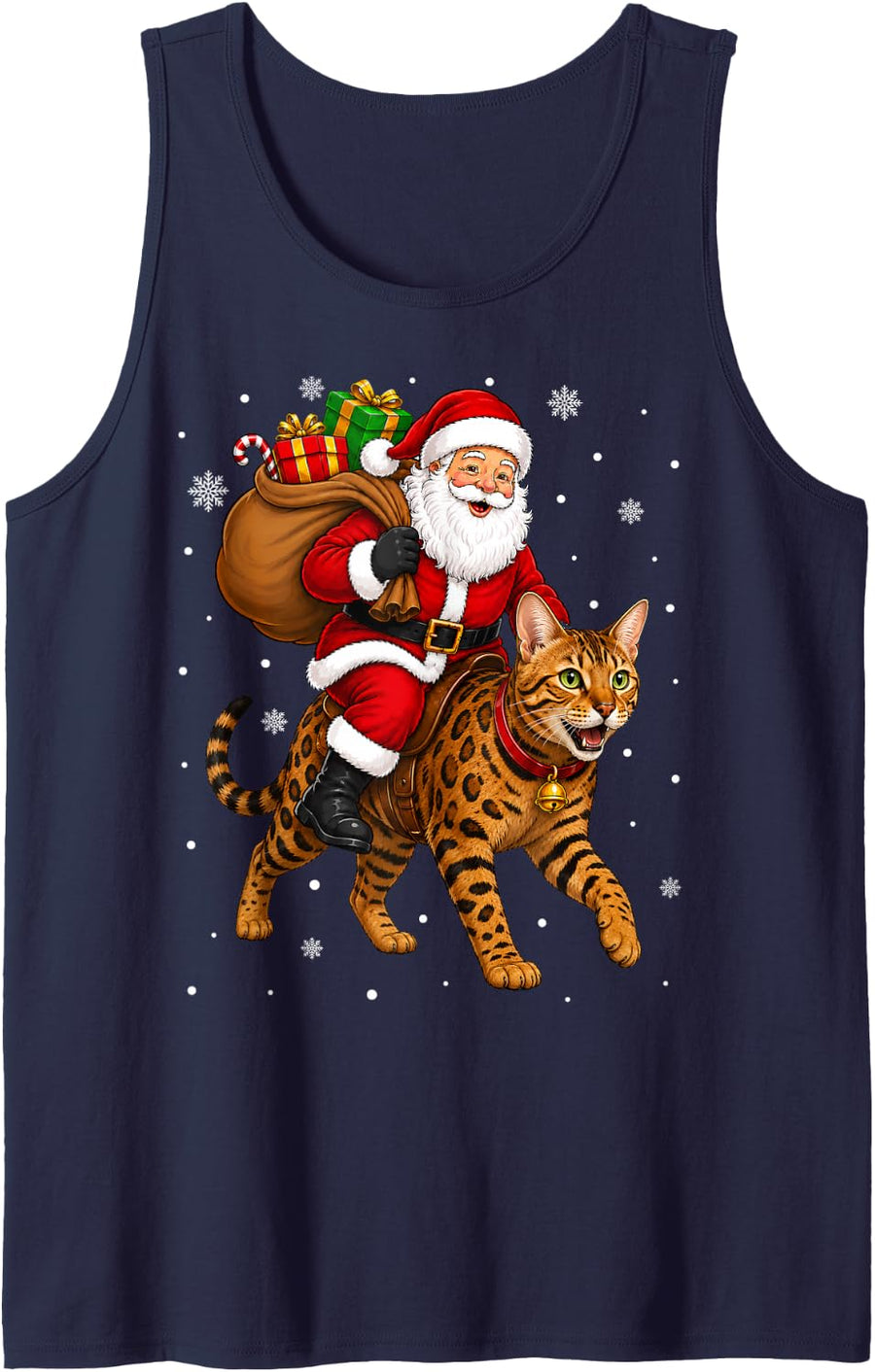 Festive Holiday Funny Santa Riding Bengal Cat Christmas Sleeveless Tank Top - Navy Blue