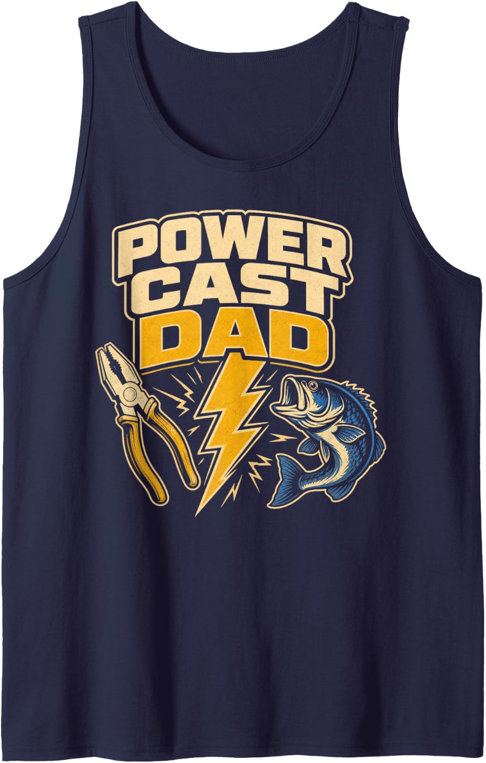 Power Cast Dad Fishing Father Angler Sleeveless Tank Top - Navy Blue
