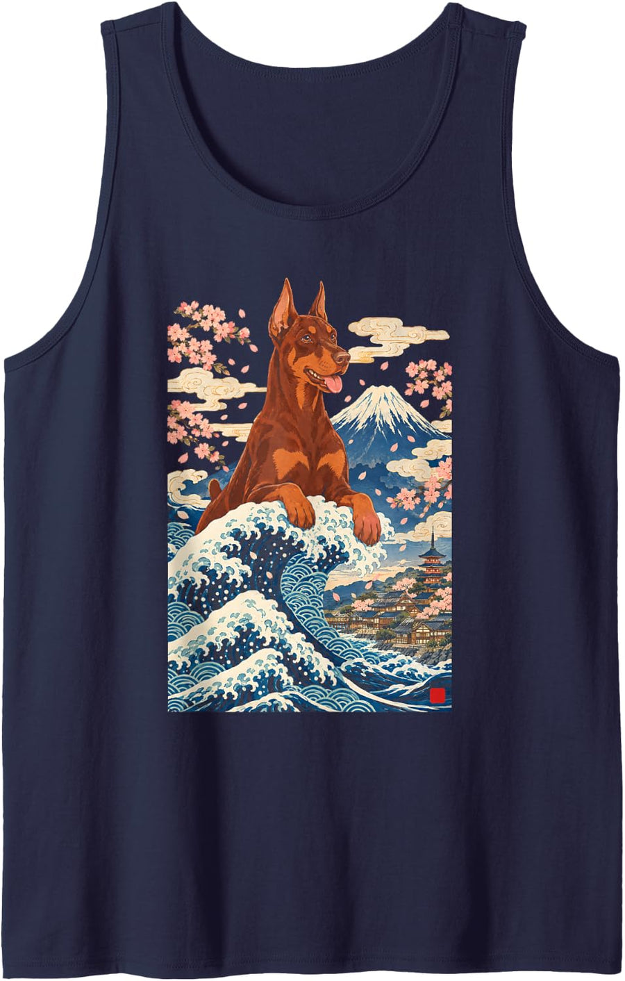 Doberman Pinscher Japanese Great Wave Sleeveless Tank Top - Navy Blue