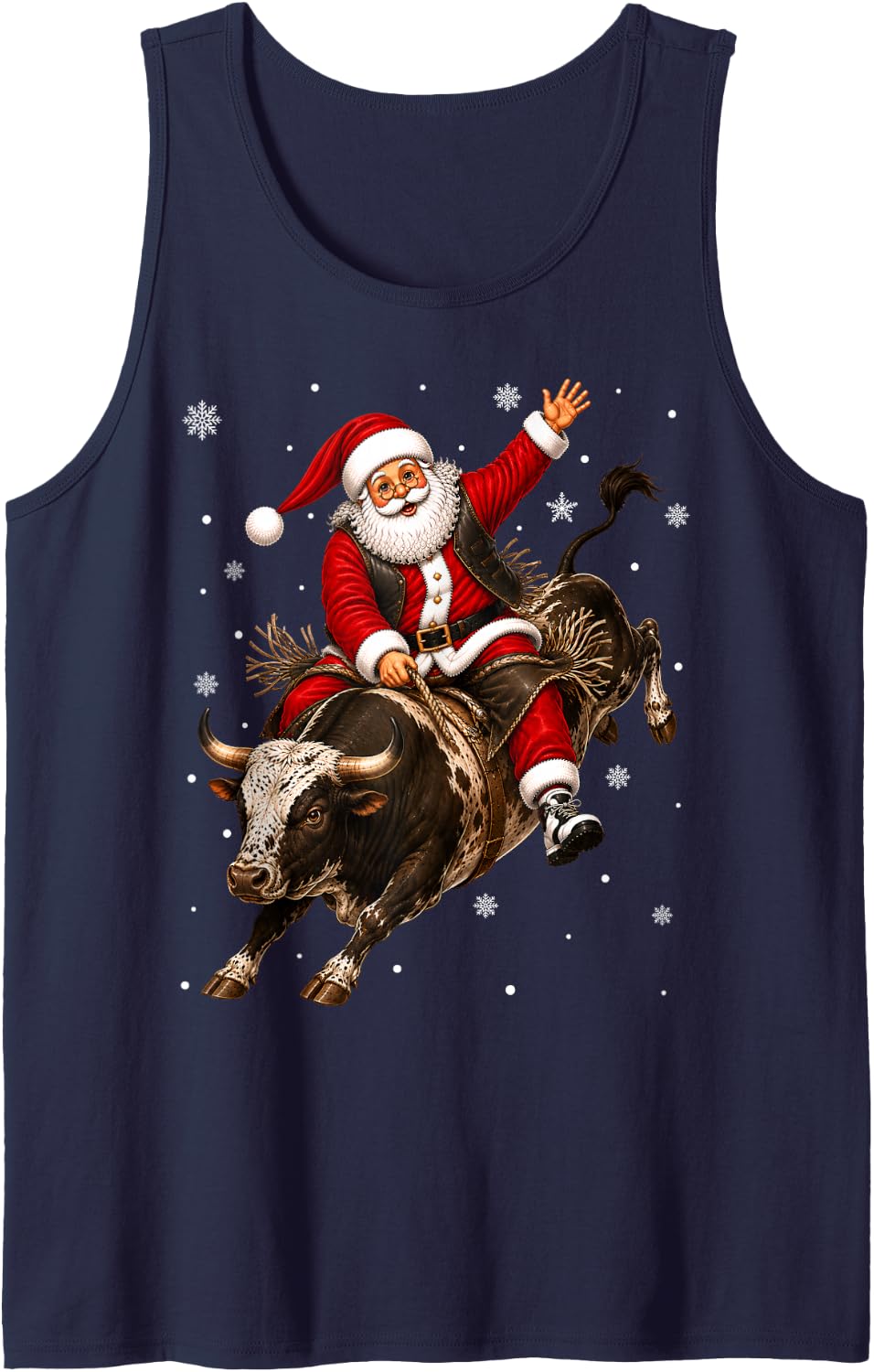 Rodeo Santa Riding Bull Christmas Fun Tank Top - Navy Blue