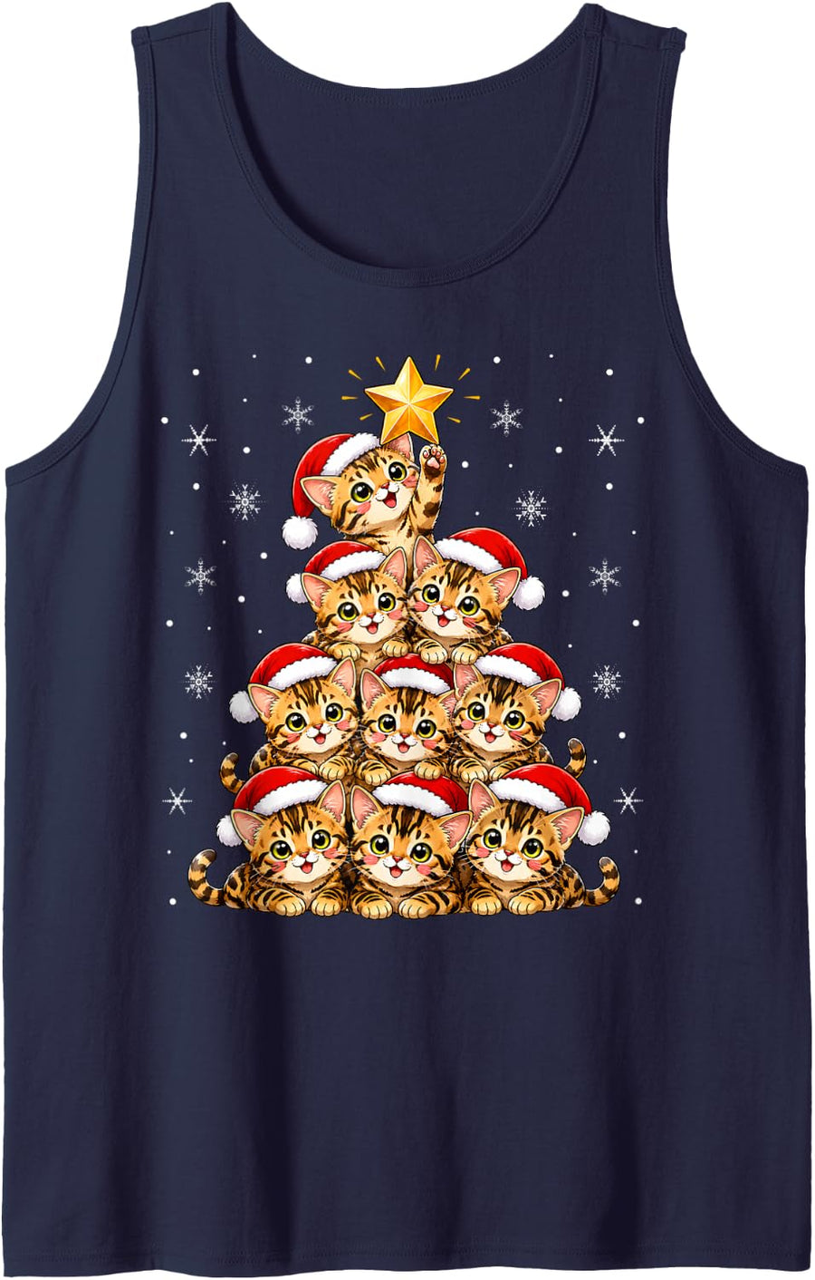 Bengal Cat Christmas Tree Cute Animal Festive Santa Cat Xmas Sleeveless Tank Top - Navy Blue