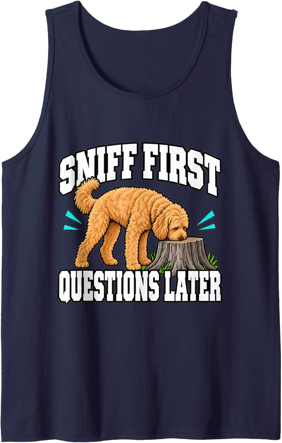Goldendoodle Sniff First Questions Later Dog Dad Funny Sleeveless Tank Top - Navy Blue