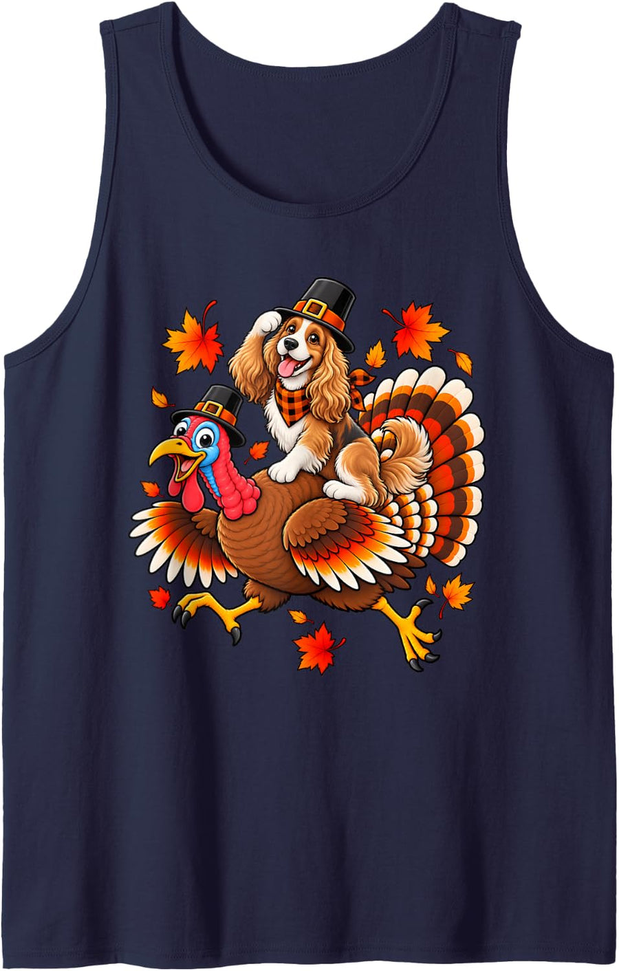 Cute Pilgrim Cocker Spaniel Dog Riding Turkey Thanksgiving Tank Top - Navy Blue