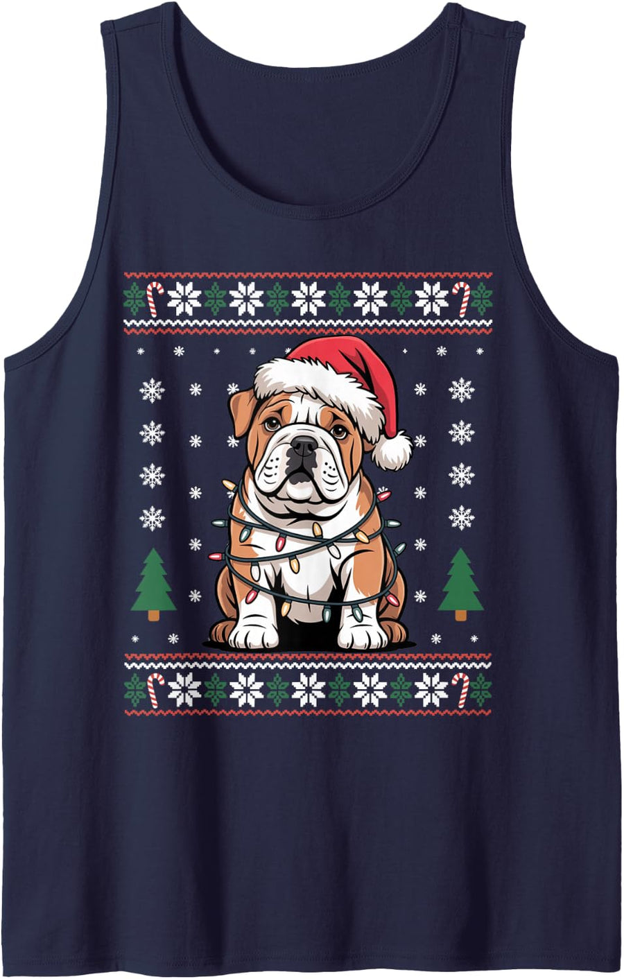 Cute Funny Bulldog Puppy Christmas Lights Dog Mom Dad Lover Sleeveless Tank Top - Navy Blue