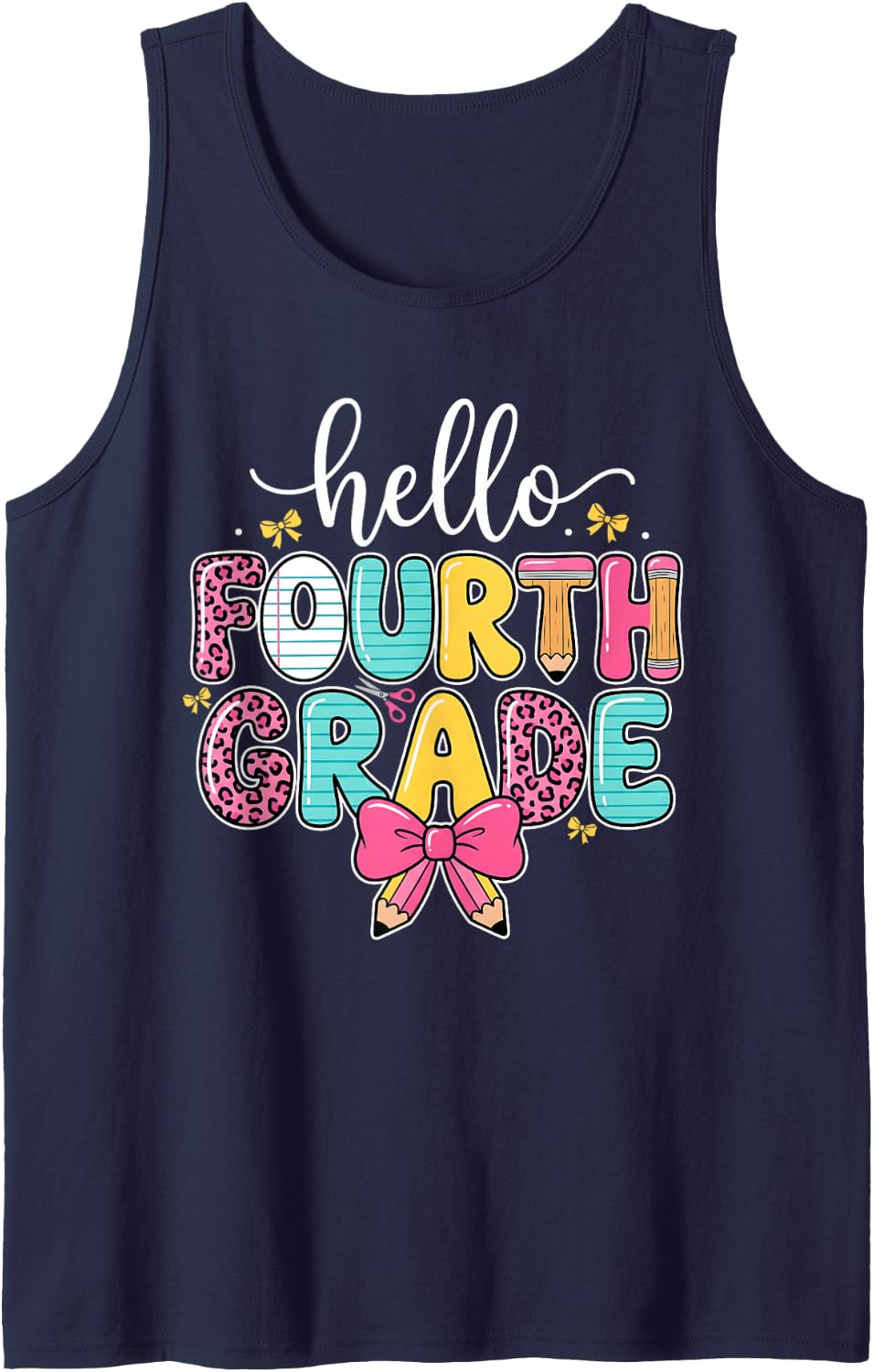 Hello 4th Grade Back to School Fourth Grade Coquette Bow Sleeveless Tank Top - Navy Blue
