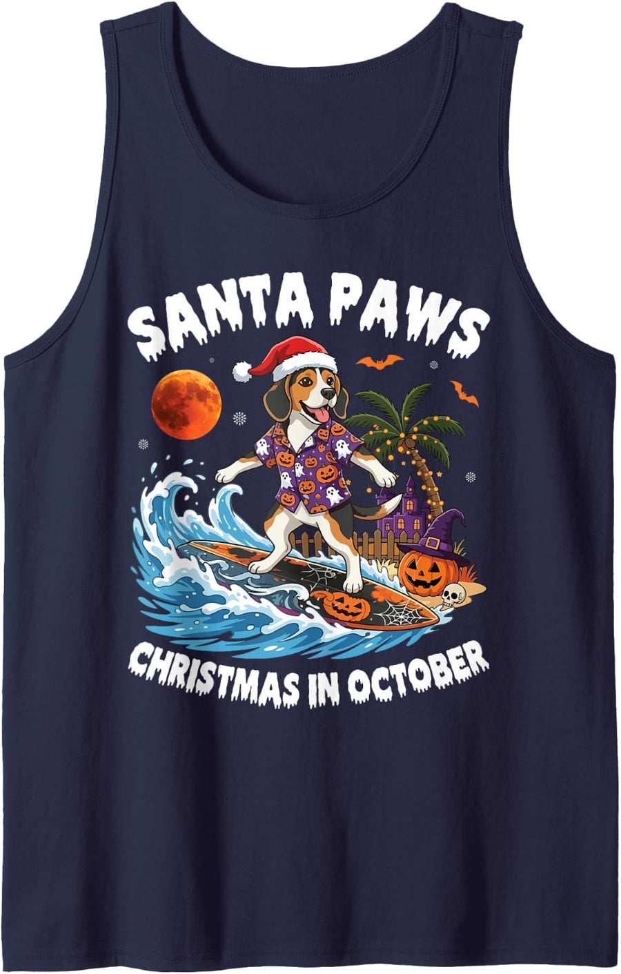 Santa Paws Merry Christmas in October Beagle Dog Dad Mom Sleeveless Tank Top - Navy Blue