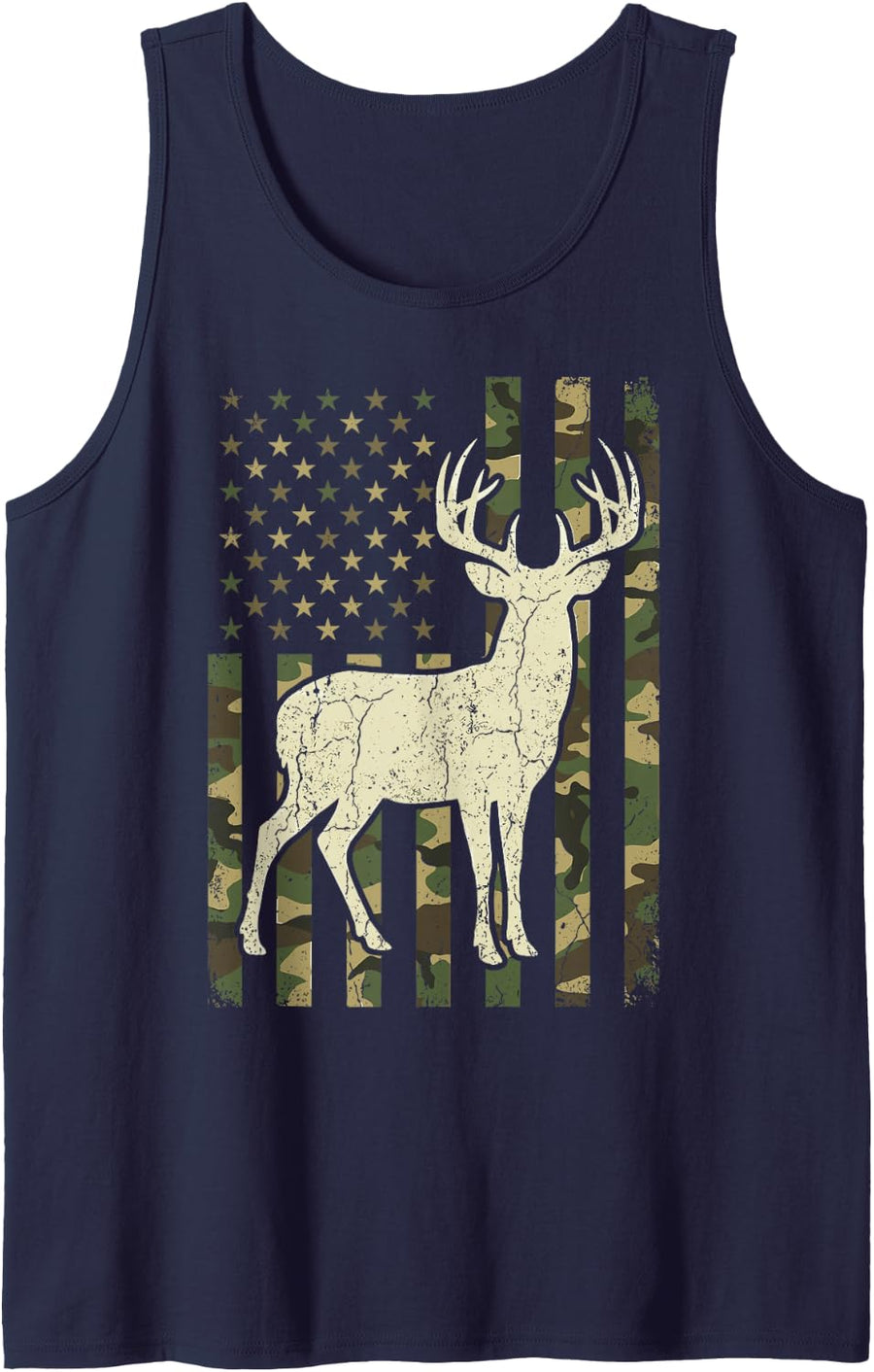 Camo Deer Hunting Patriotic American Flag Sleeveless Tank Top - Navy Blue