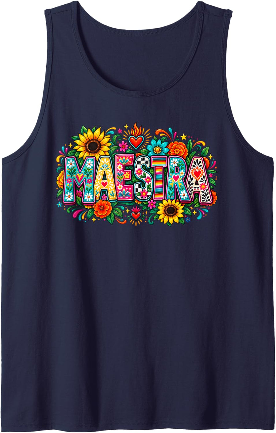 Maestra Floral Teacher Mexican Spanish Spring Fall Season Sleeveless Tank Top - Navy Blue