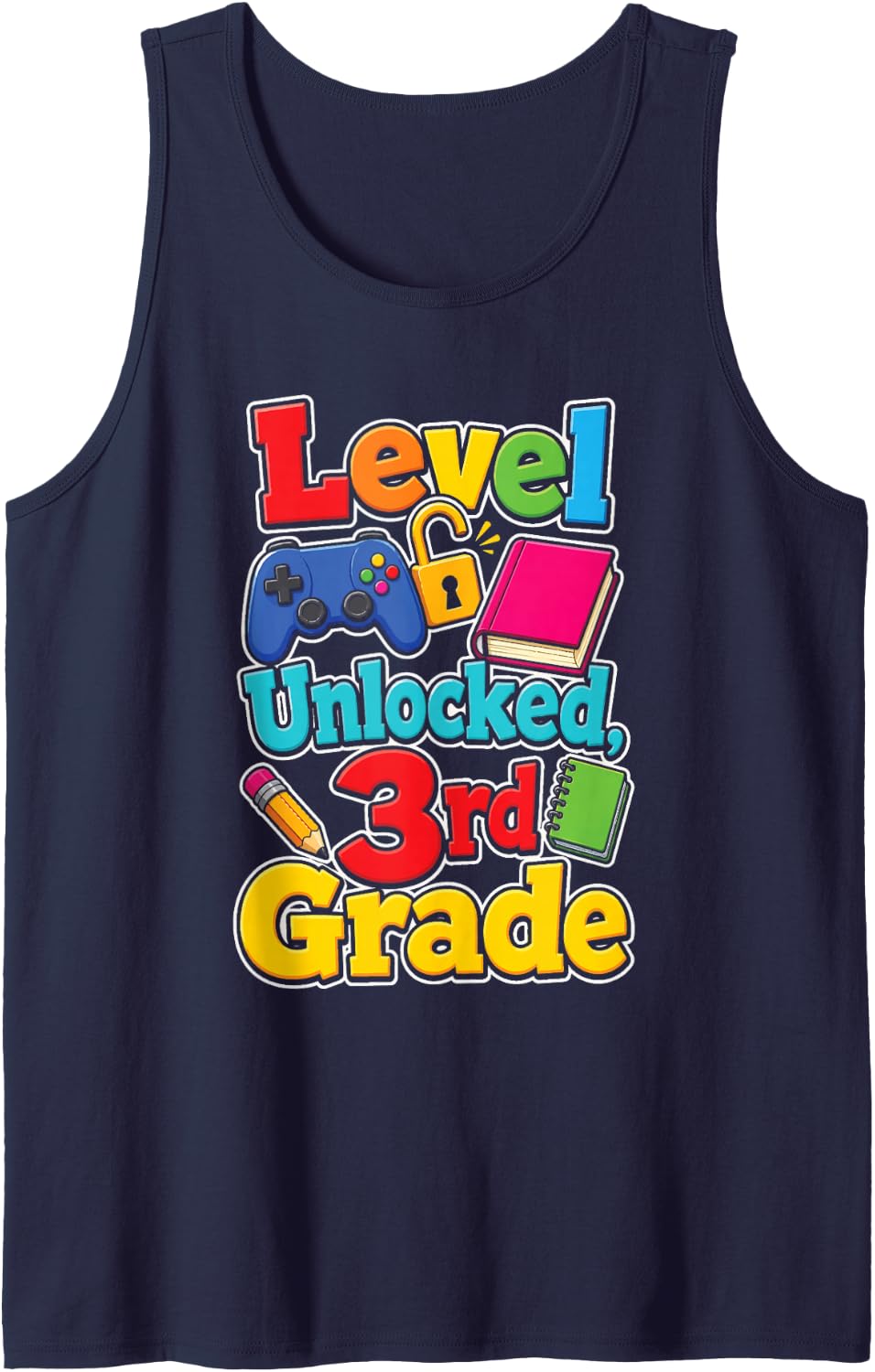 3rd Grade Level Unlocked Elementary School Video Game Sleeveless Tank Top - Navy Blue
