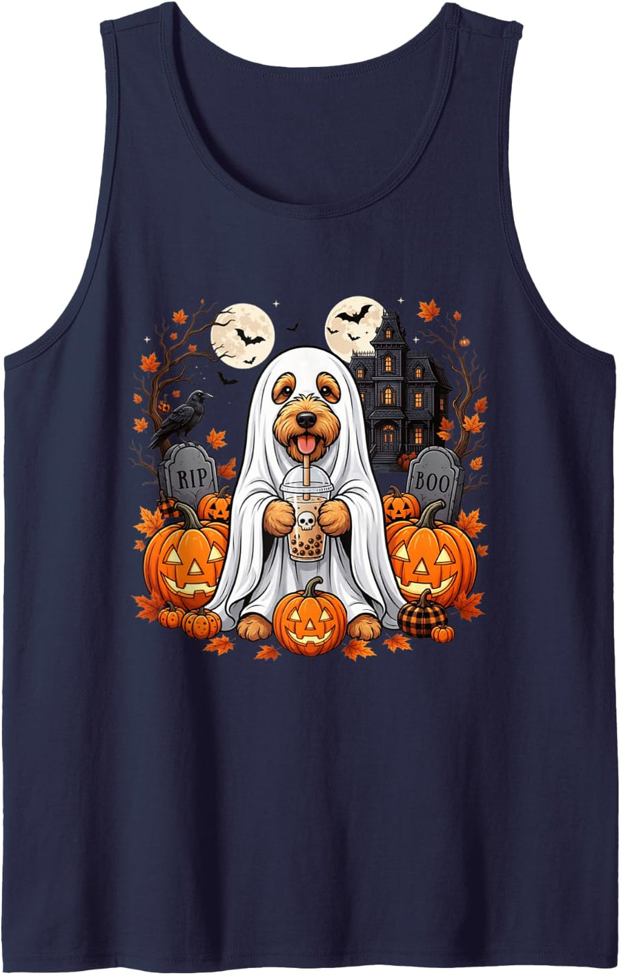 Goldendoodle Ghost and Boba Cute Halloween Dog Humor Vintage Tank Top - Navy Blue