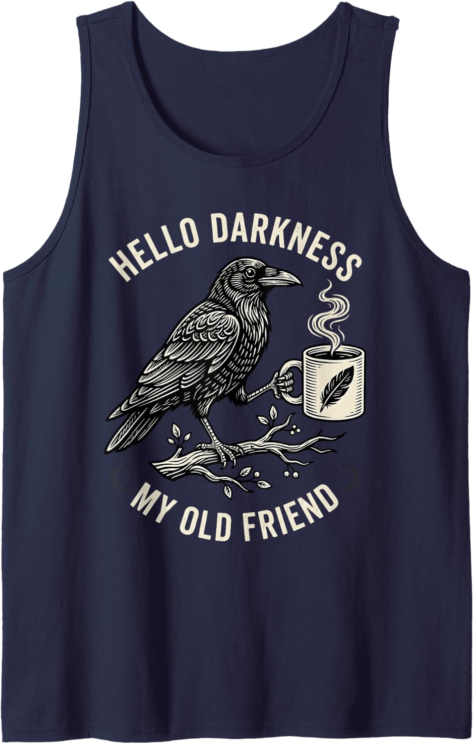 Hello Darkness My Old Friend Gothic Woodcut Raven Coffee Mug Sleeveless Tank Top - Navy Blue