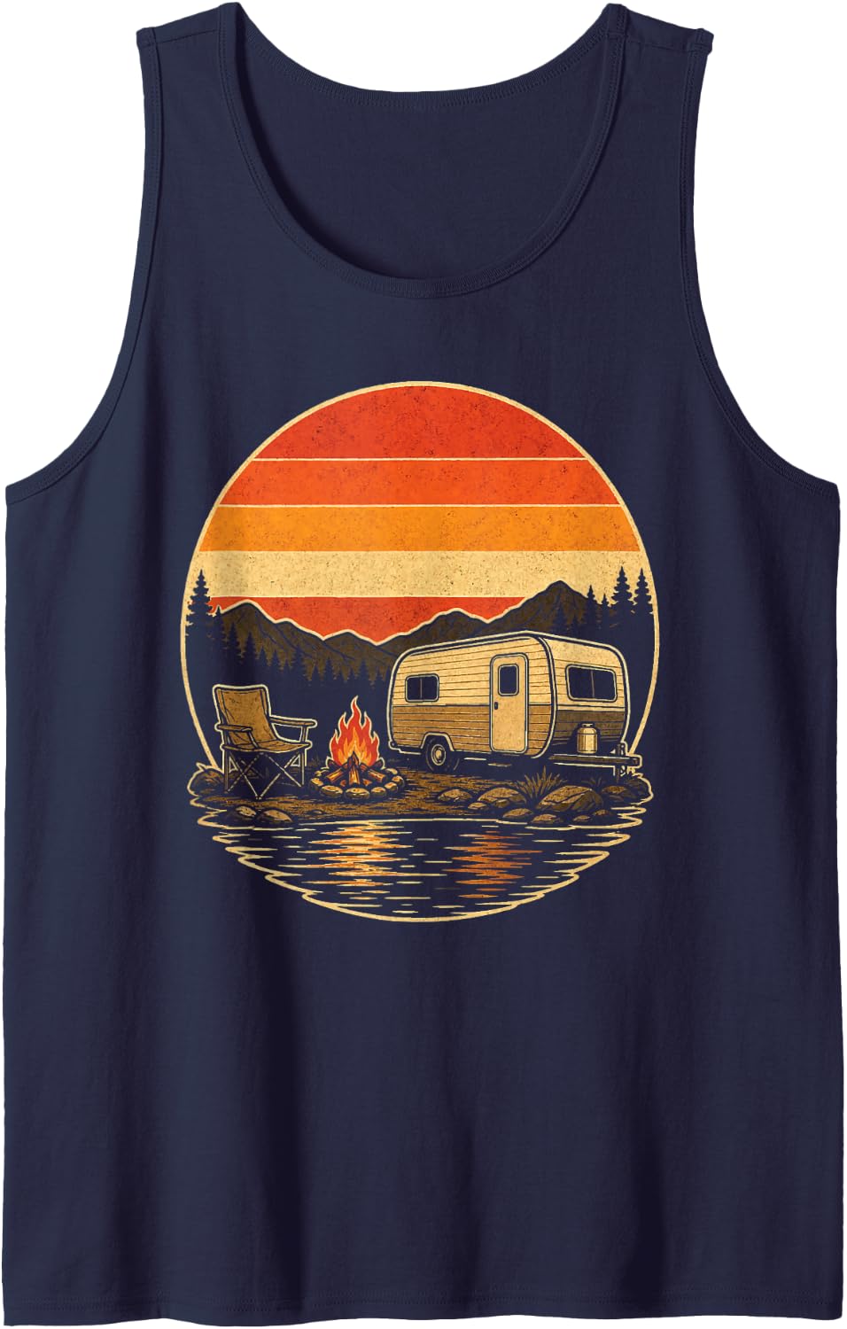 Camping Retro Sun Camper Travel Trailer Lake Campfire Art Sleeveless Tank Top - Navy Blue