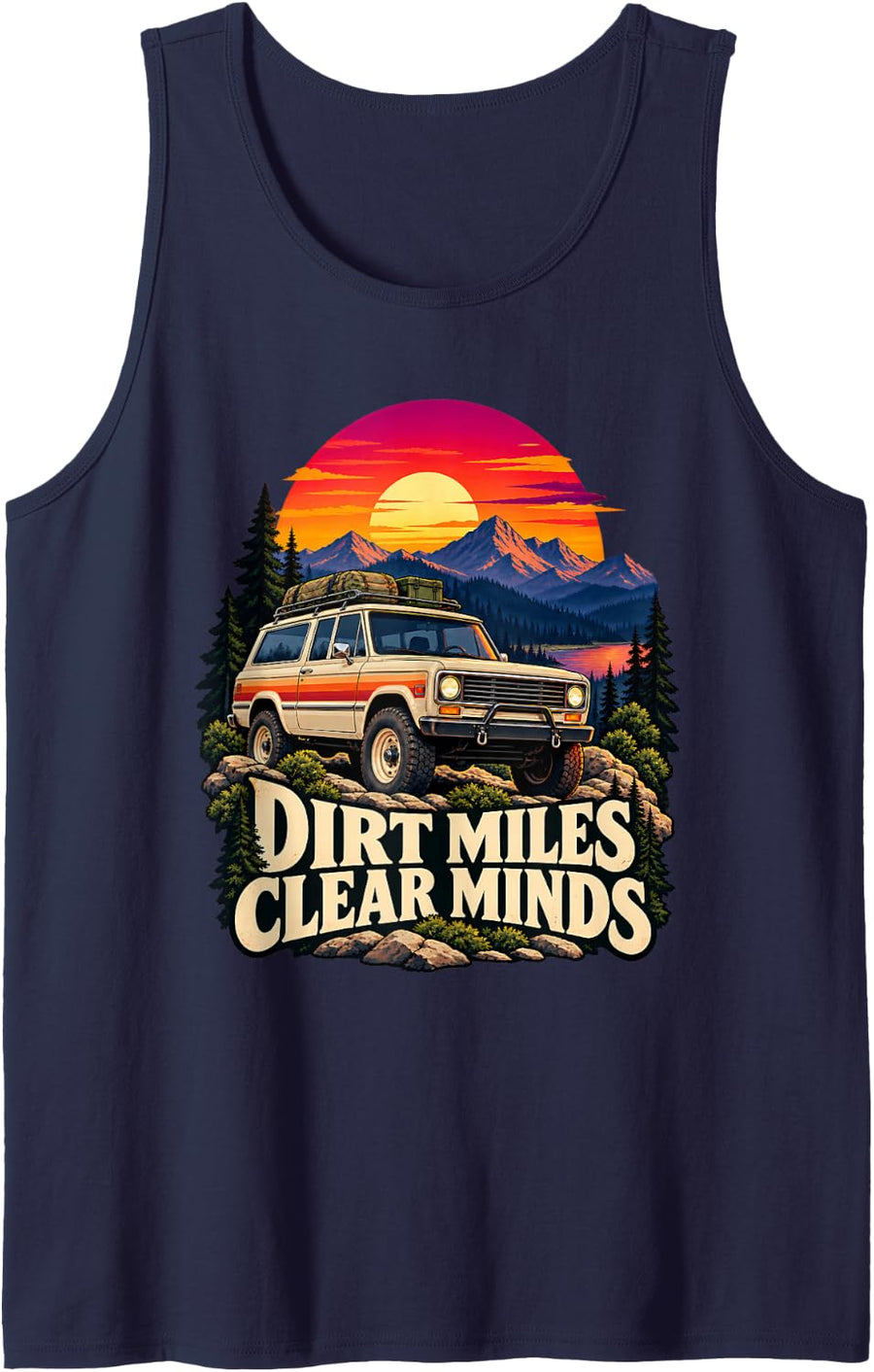 Dirt Miles Clear Minds Vintage Overlanding Off Road 4x4 Sleeveless Tank Top - Navy Blue