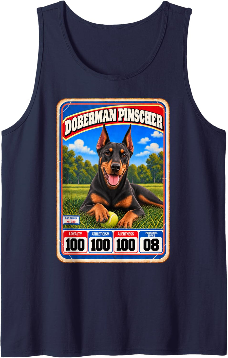 Doberman Pinscher Vintage 70s 80s Sports Trading Card Sleeveless Tank Top - Navy Blue