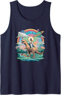 Jesus Riding in Space T-Rex Dinosaur Meme Sci-Fi Believers Sleeveless Tank Top - Navy Blue