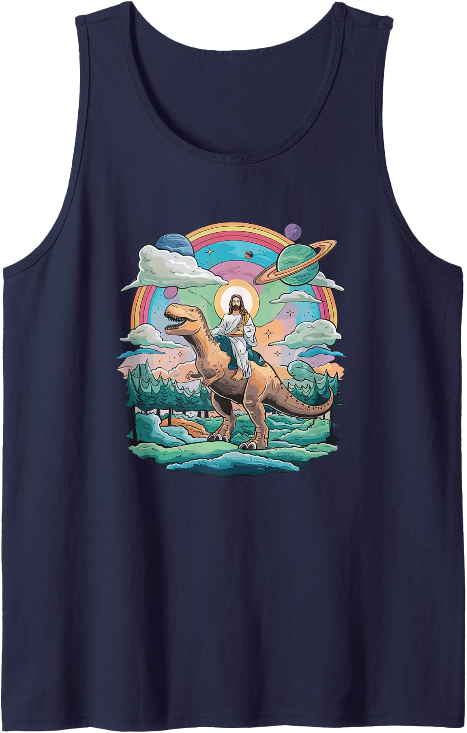 Jesus Riding in Space T-Rex Dinosaur Meme Sci-Fi Believers Sleeveless Tank Top - Navy Blue