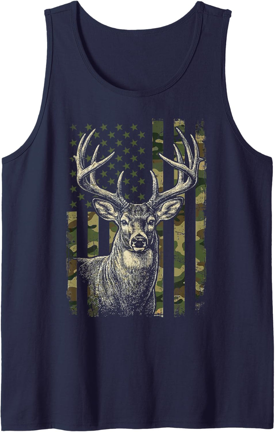 American Flag Camo Buck Deer Hunting Sleeveless Tank Top - Navy Blue