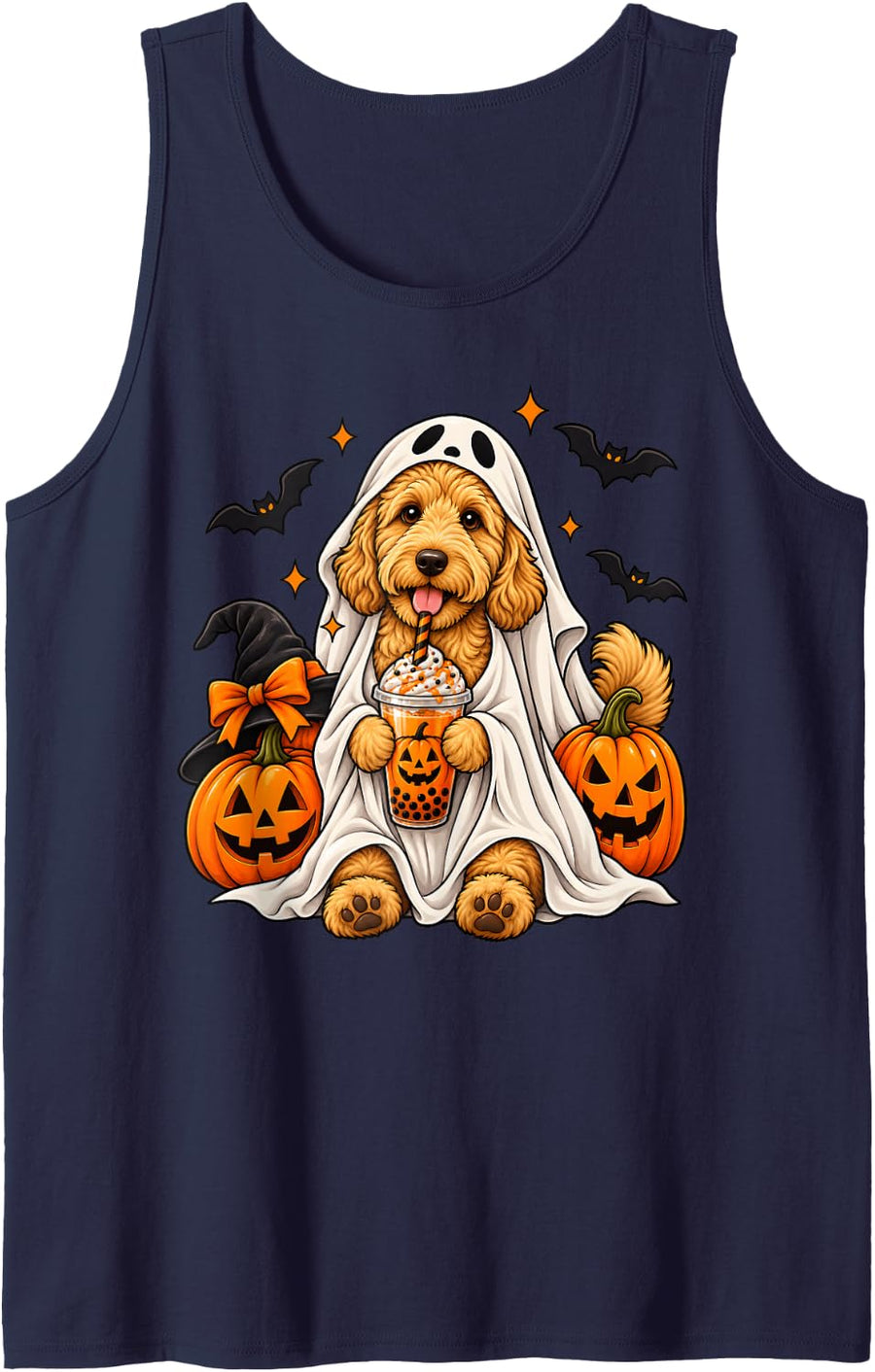 Cute Goldendoodle Ghost Pumpkin Spice Dog Lovers Halloween Tank Top - Navy Blue