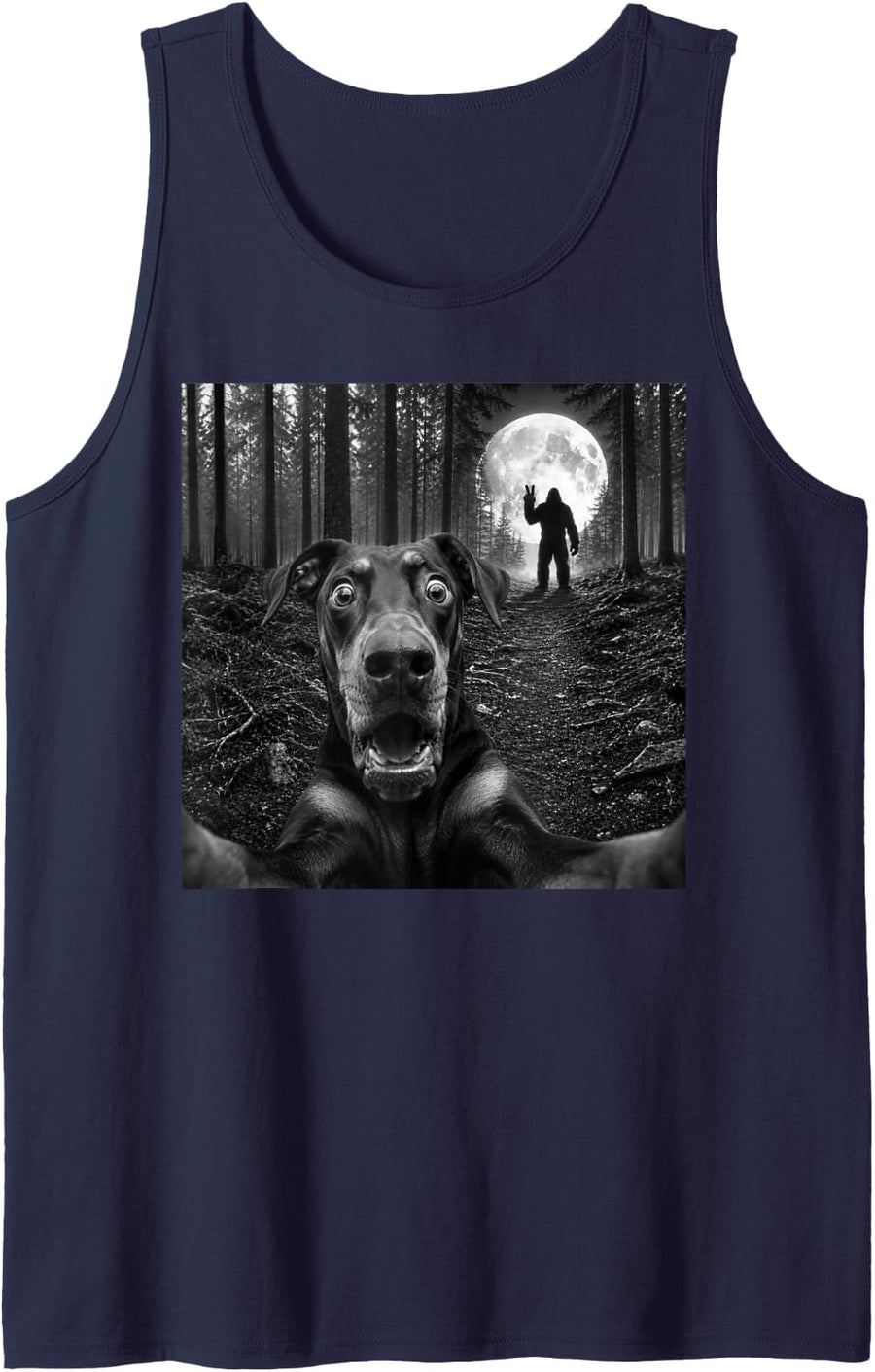 Doberman Selfie with Bigfoot Peace Sign Dobie Dog Sasquatch Sleeveless Tank Top - Navy Blue