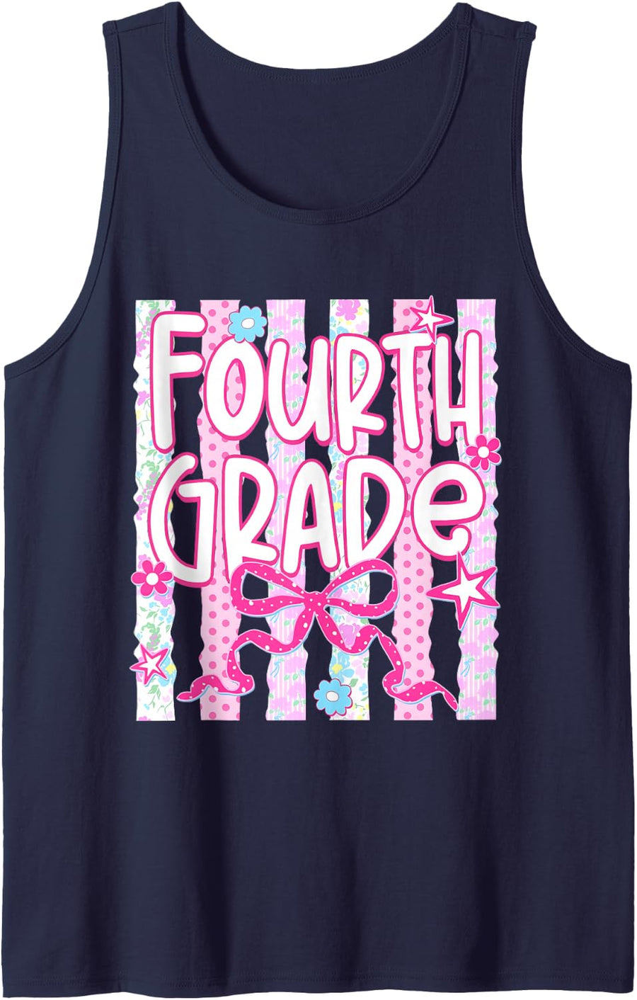 Back to School Fourth Grade Floral Coquette Bow Teacher Girl Sleeveless Tank Top - Navy Blue