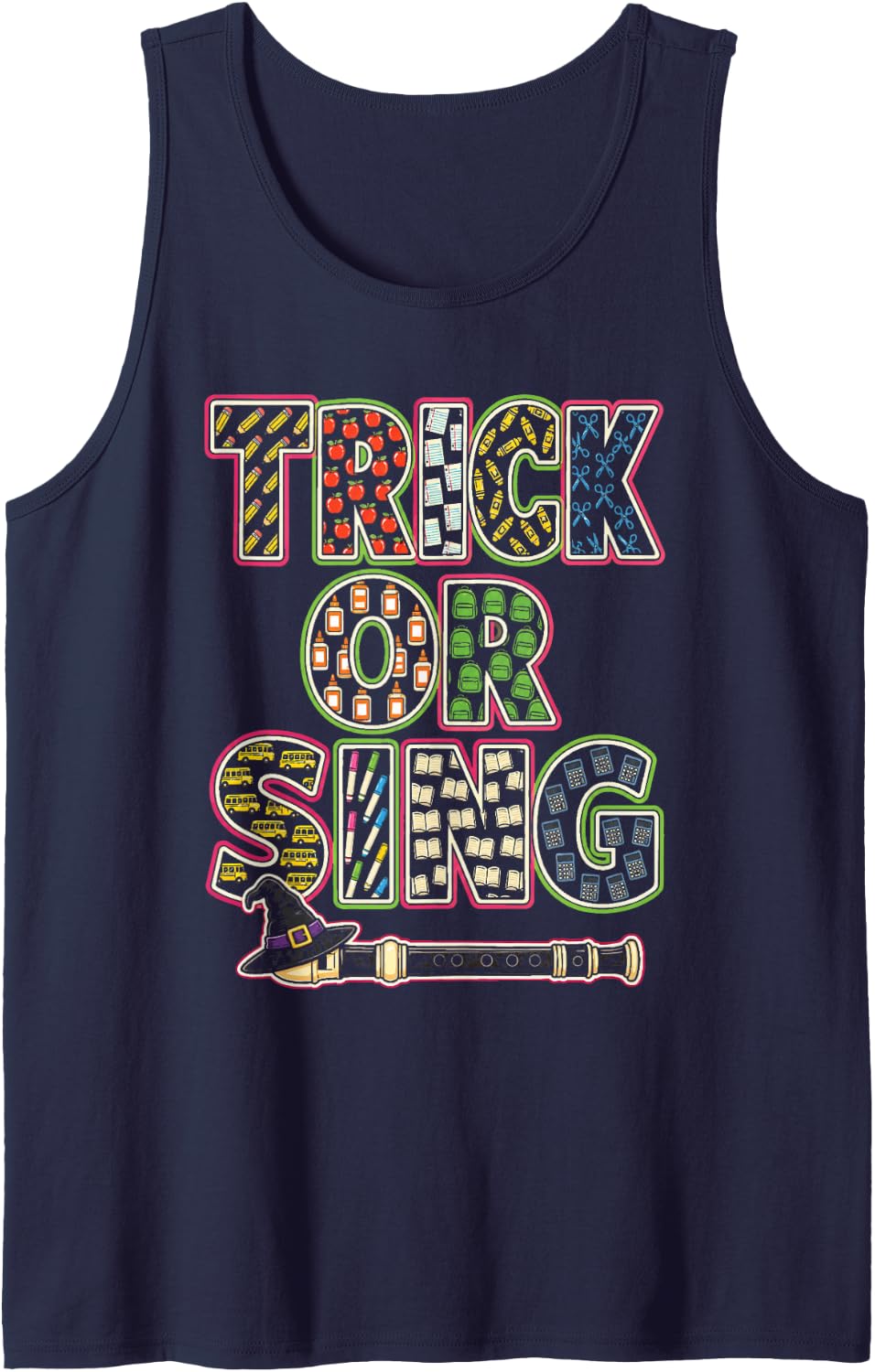 Elementary Music Teacher Trick Or Sing Halloween Recorder Sleeveless Tank Top - Navy Blue