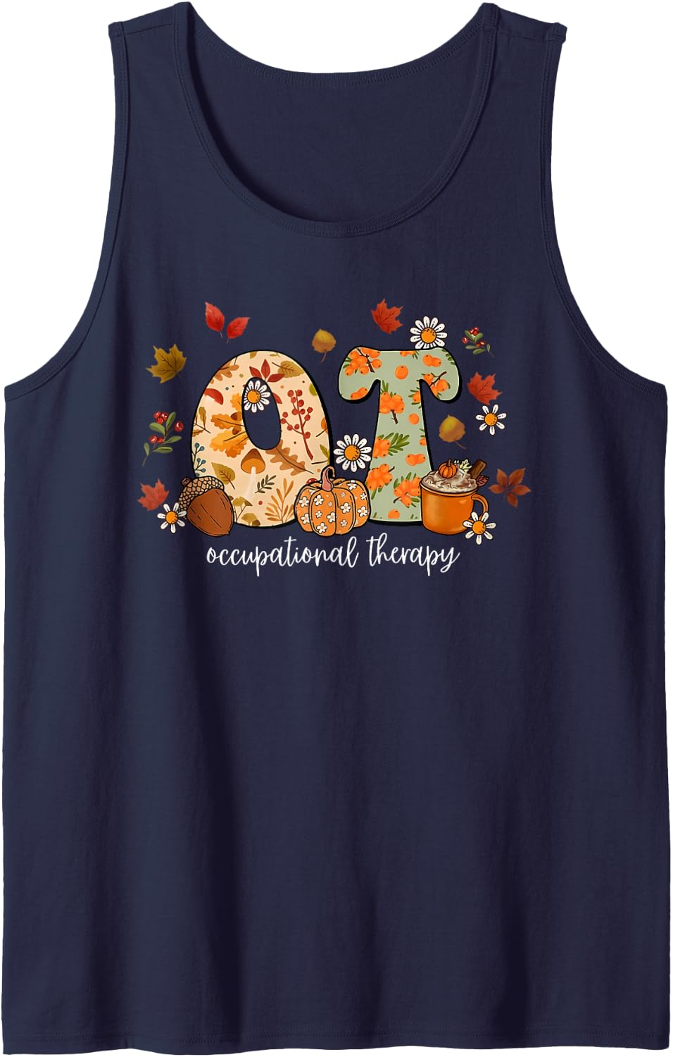 Occupational Therapy Fall OT Autumn Thanksgiving Leaves Sleeveless Tank Top - Navy Blue