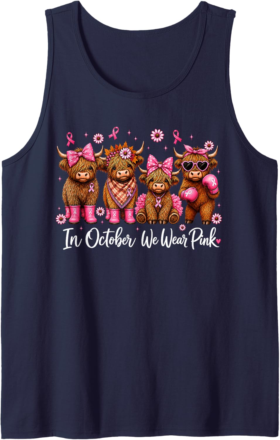 Pink Ribbon Coquette Bow Floral Highland Cow Breast Cancer Sleeveless Tank Top - Navy Blue