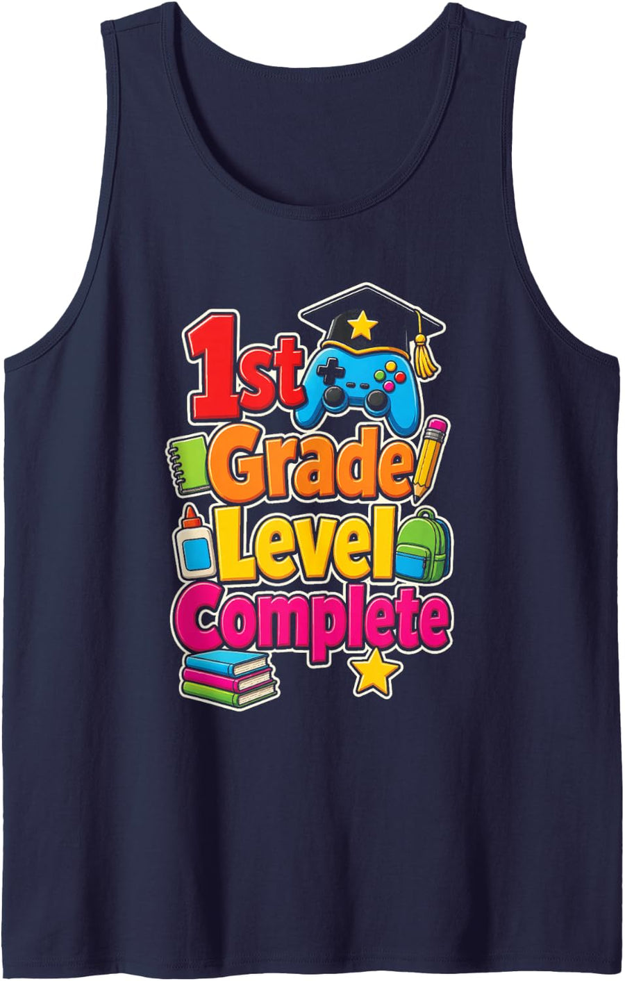 1st Grade Level Complete Elementary School Graduation Gift Sleeveless Tank Top - Navy Blue