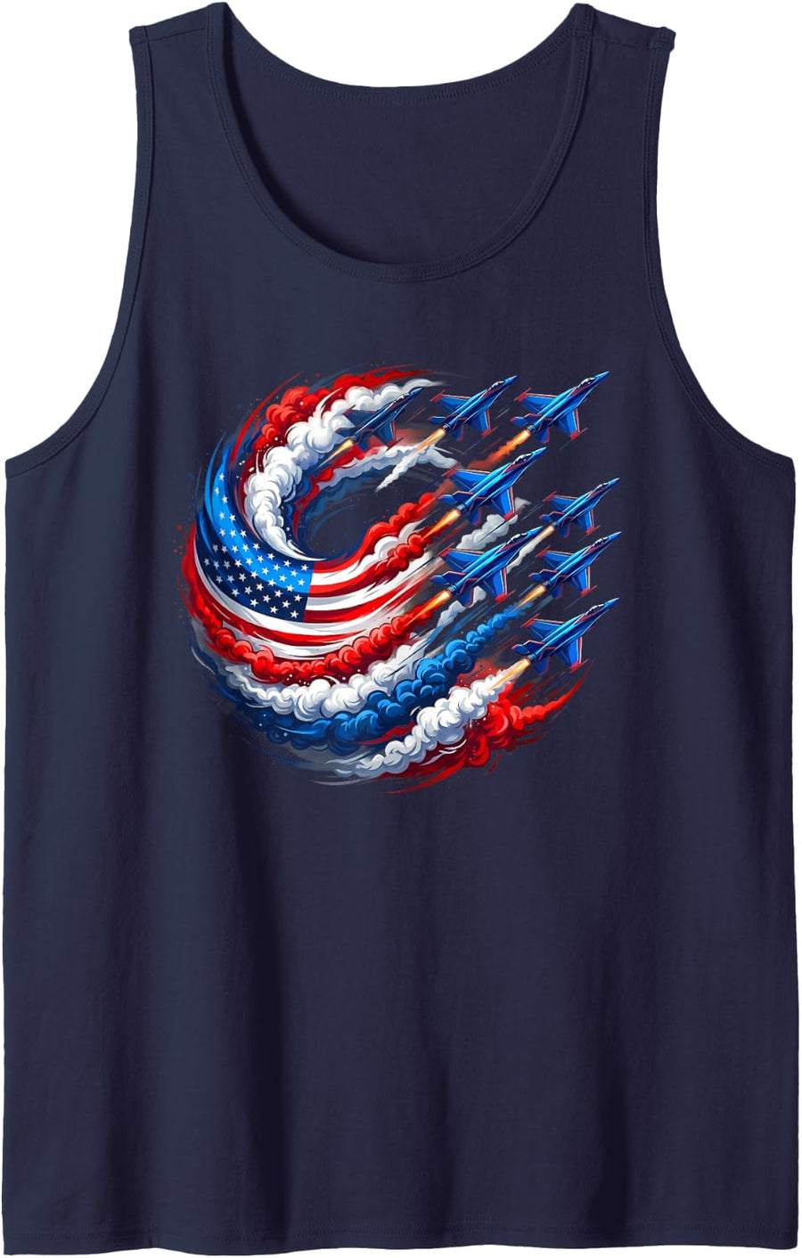 Patriotic Red White Blue USA Flag Fighter Jets 4th of July Sleeveless Tank Top - Navy Blue