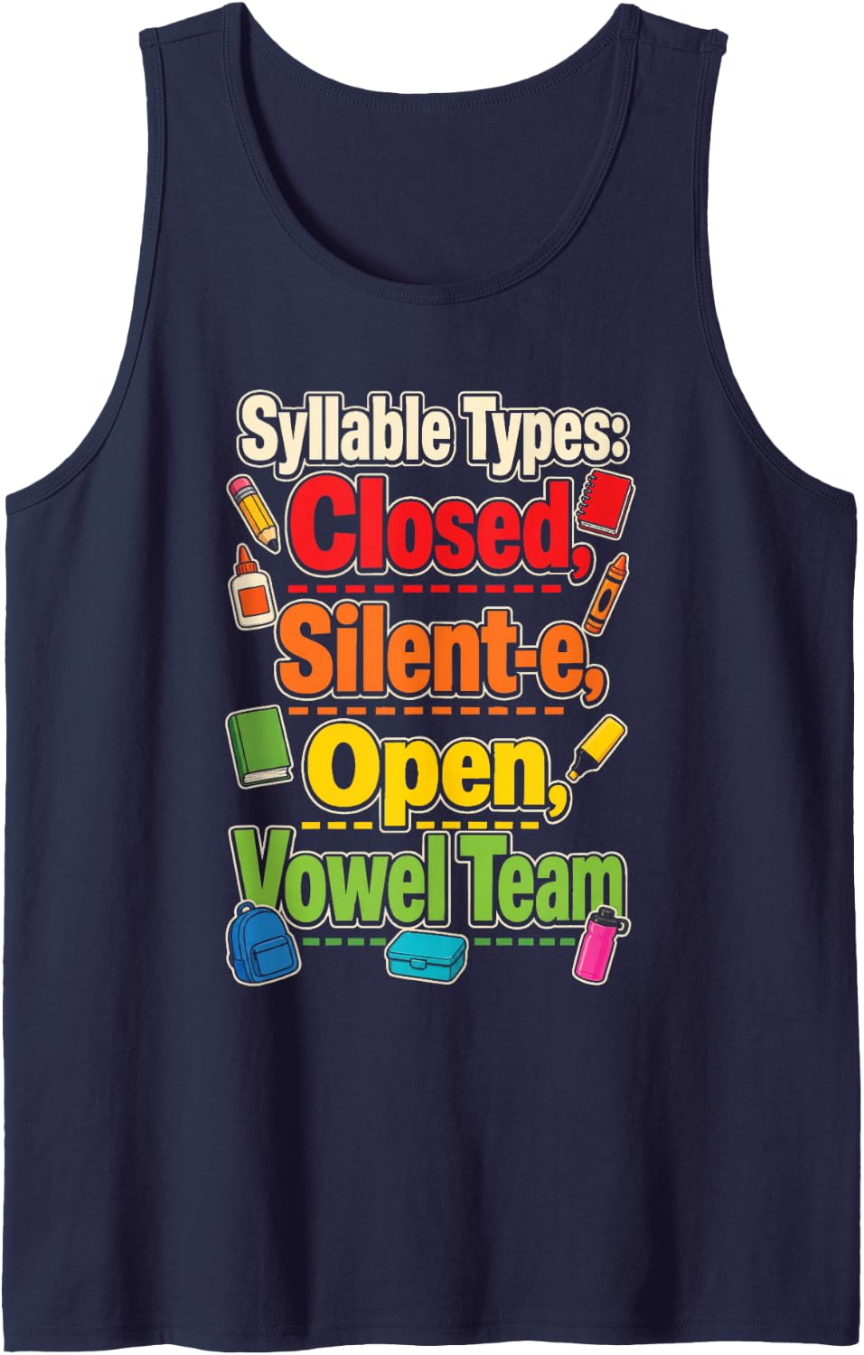 Reading Teacher Syllable Types Closed Silent-e Open Sleeveless Tank Top - Navy Blue