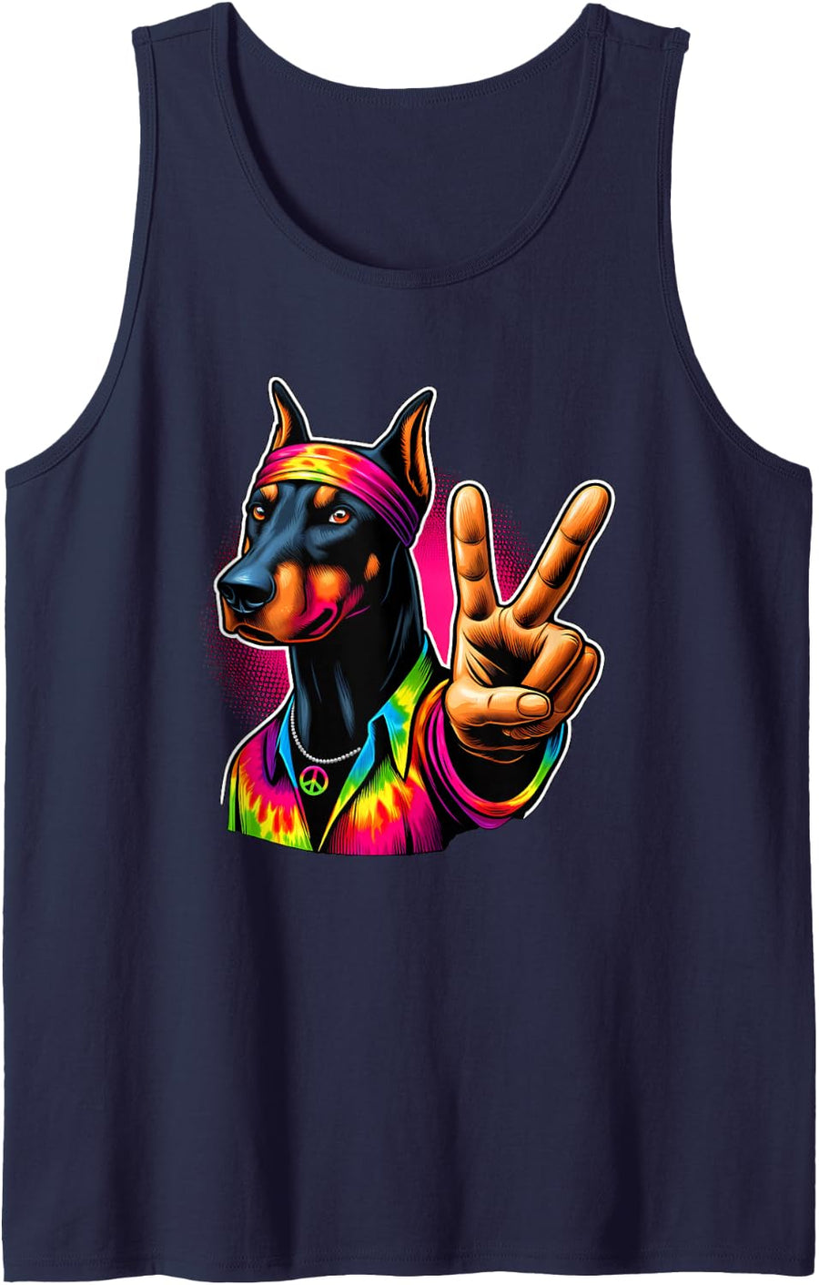 Peace Sign Tie Dye Doberman Pinscher Dog Sleeveless Tank Top - Navy Blue