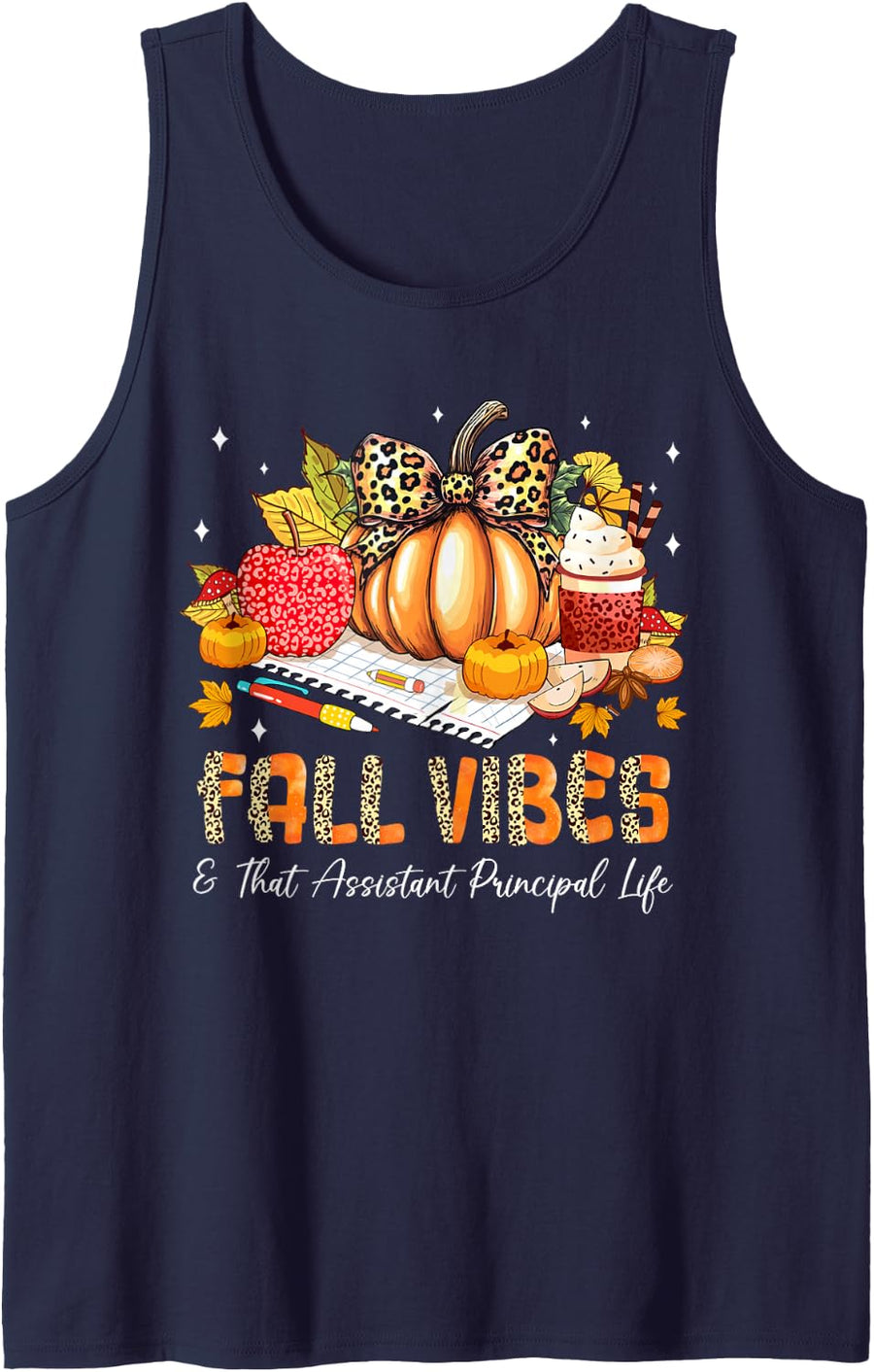 Fall Vibes & that Assistant Principal Life Pencil Pumpkin Sleeveless Tank Top - Navy Blue