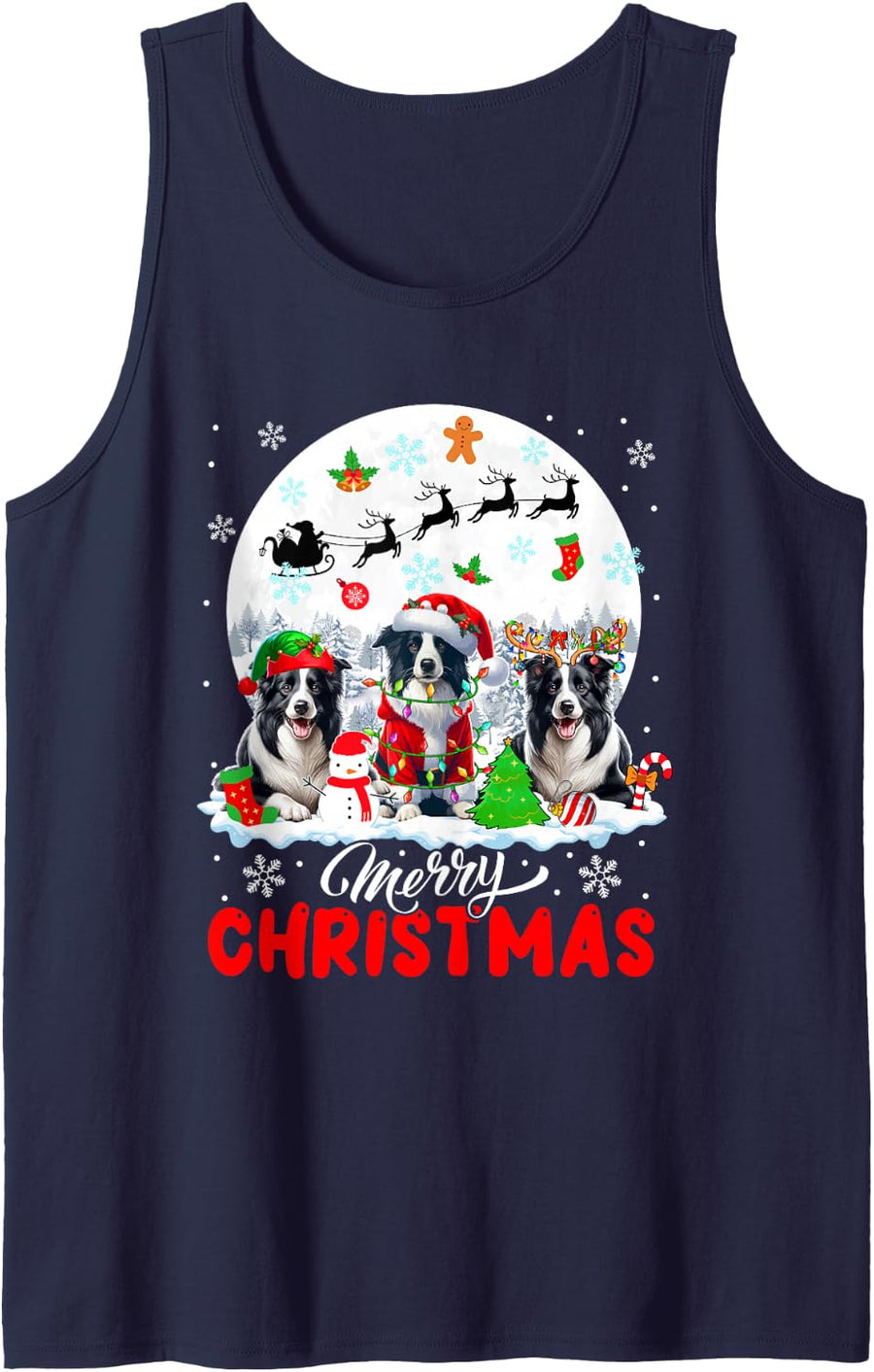 Merry Christmas Three Santa Elf Reindeer Border Collies Sleeveless Tank Top - Navy Blue