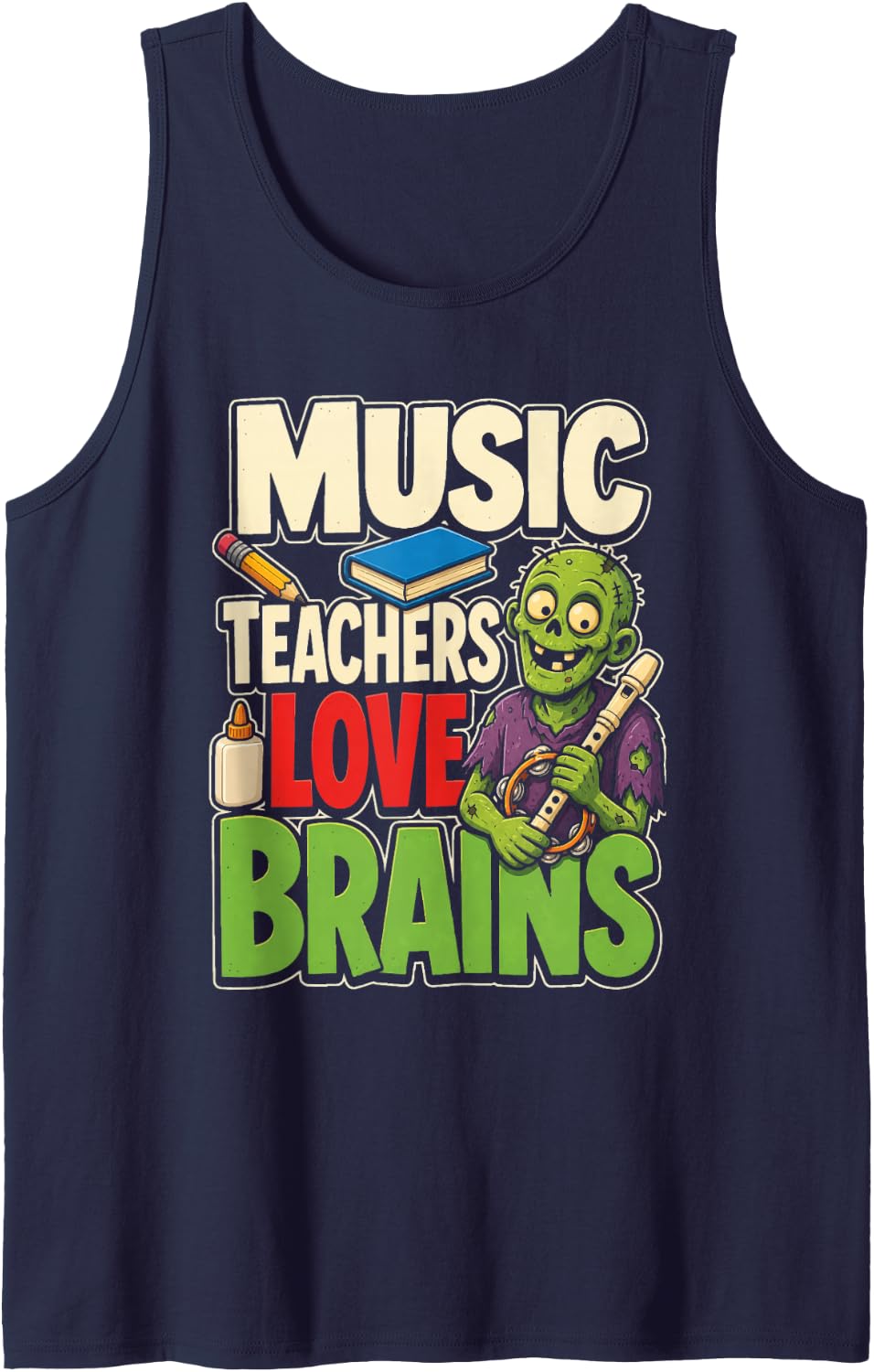 Music Teacher Love Brains Zombie Elementary Recorder Gift Sleeveless Tank Top - Navy Blue