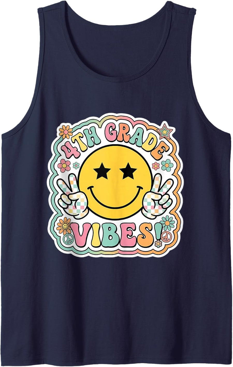 Vintage 4th Grade Vibes Retro Teacher Student Back to School Sleeveless Tank Top - Navy Blue
