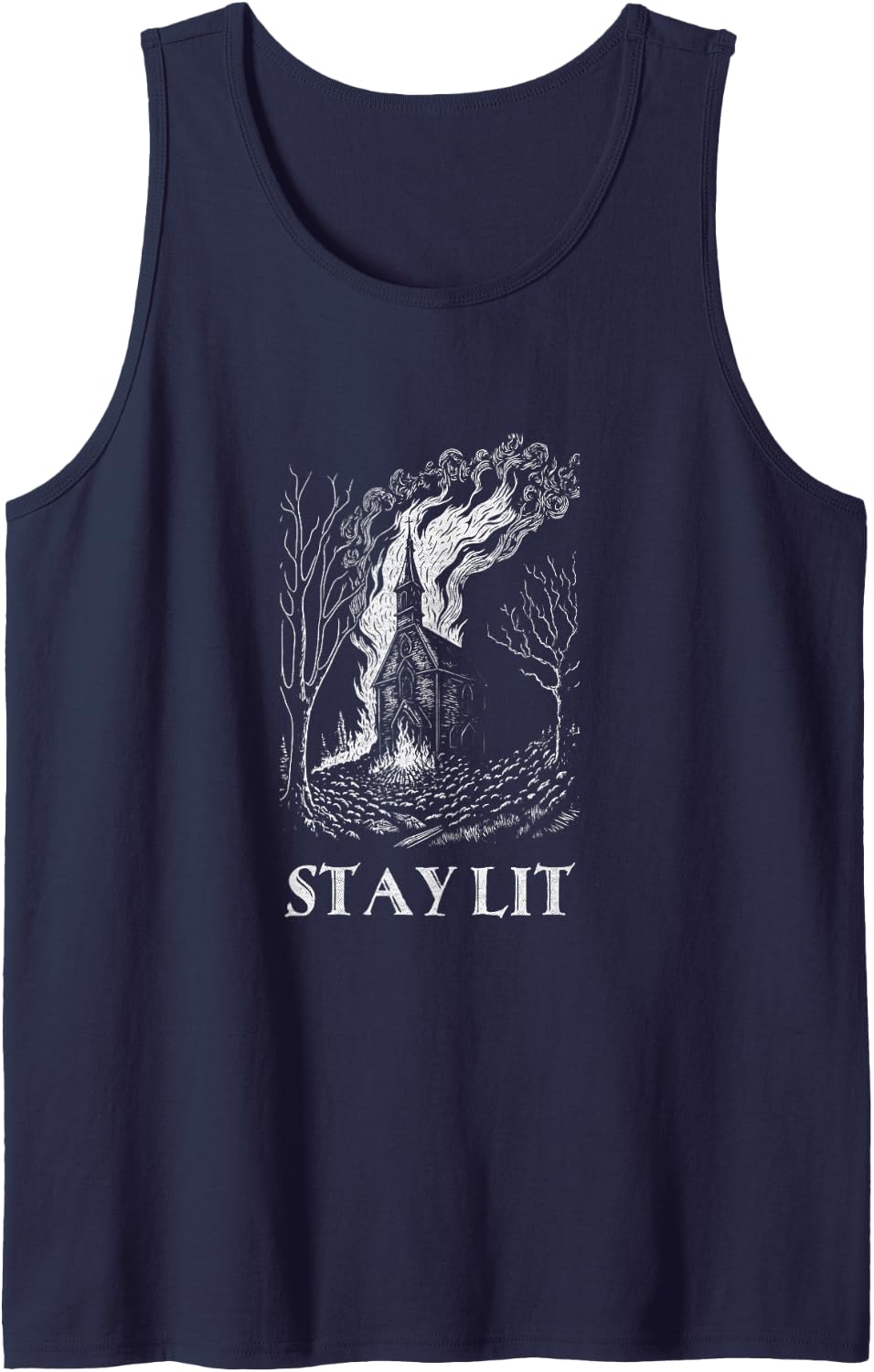Occult Atheist Burn Church Stay Lit Satan Devil Grunge Tank Top - Navy Blue