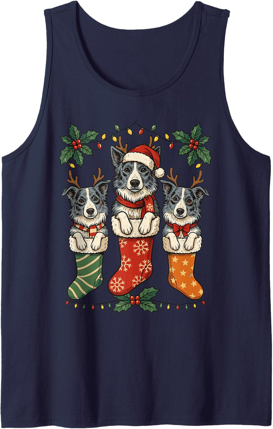 Border Collie Christmas Stocking Puppy Lover Mom Dad Sleeveless Tank Top - Navy Blue