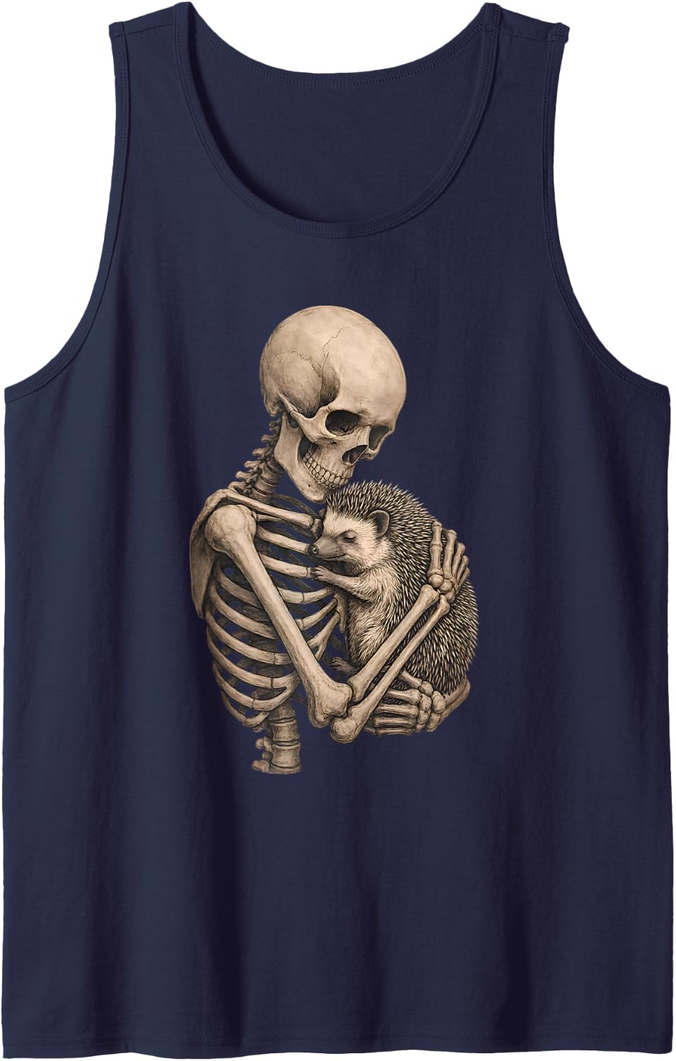 Skeleton Hugging Hedgehog Spooky Goth Animal Lover Cute Sleeveless Tank Top - Navy Blue