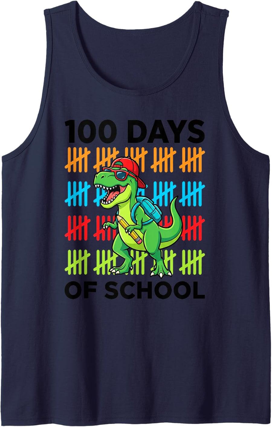 100 Days of School Dinosaur Trex Tally Marks Student Sleeveless Tank Top - Navy Blue