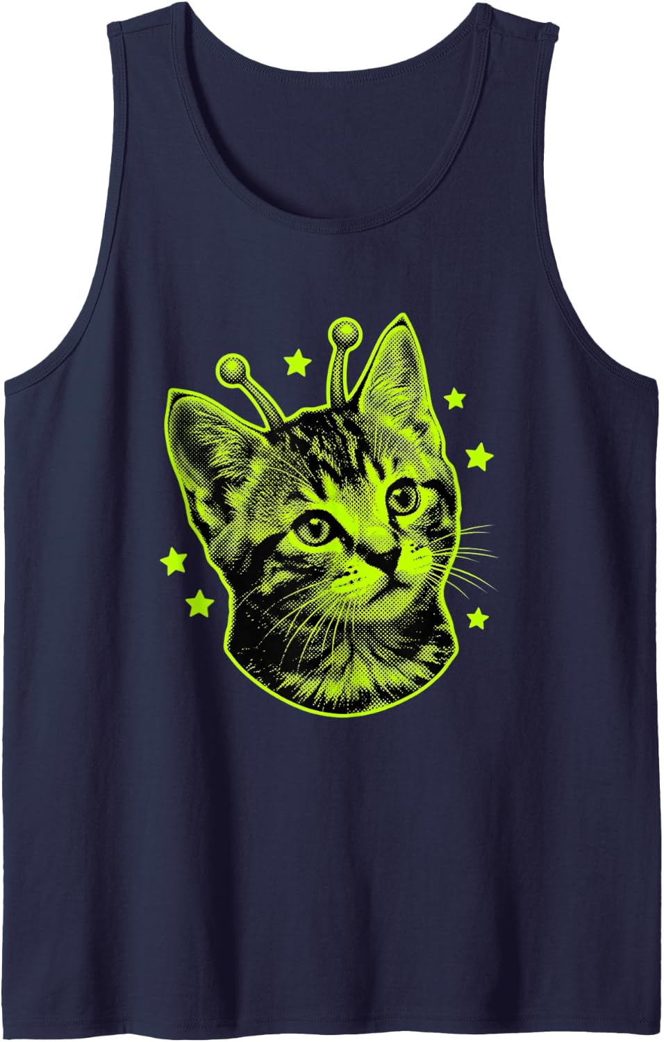 Funny Alien Cat Space Kitten Sci Fi Halftone Stars Sleeveless Tank Top - Navy Blue