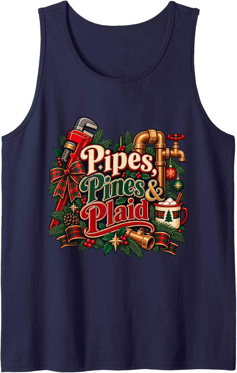 Christmas Plumber - Pipes, Pines & Plaid Sleeveless Tank Top - Navy Blue