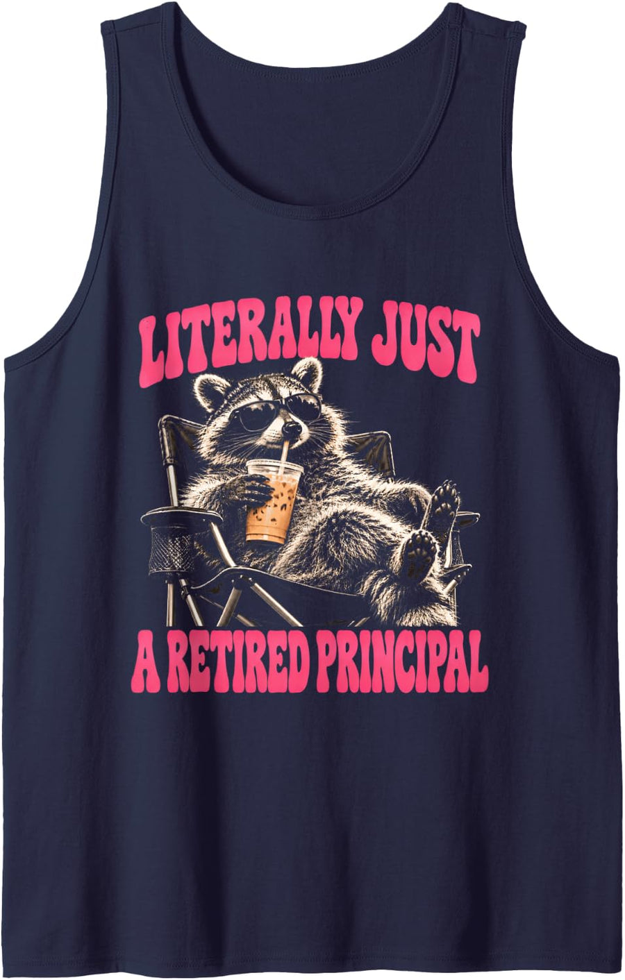 Funny Literally Just A Retired Principal Raccoon Retro Sleeveless Tank Top - Navy Blue