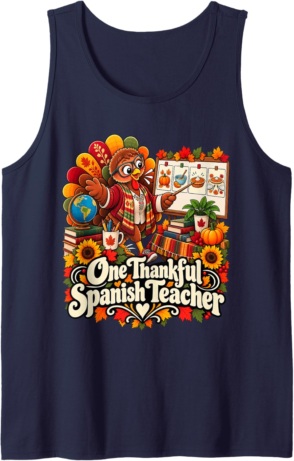 One Thankful Spanish Teacher Thanksgiving Turkey Sleeveless Tank Top - Navy Blue